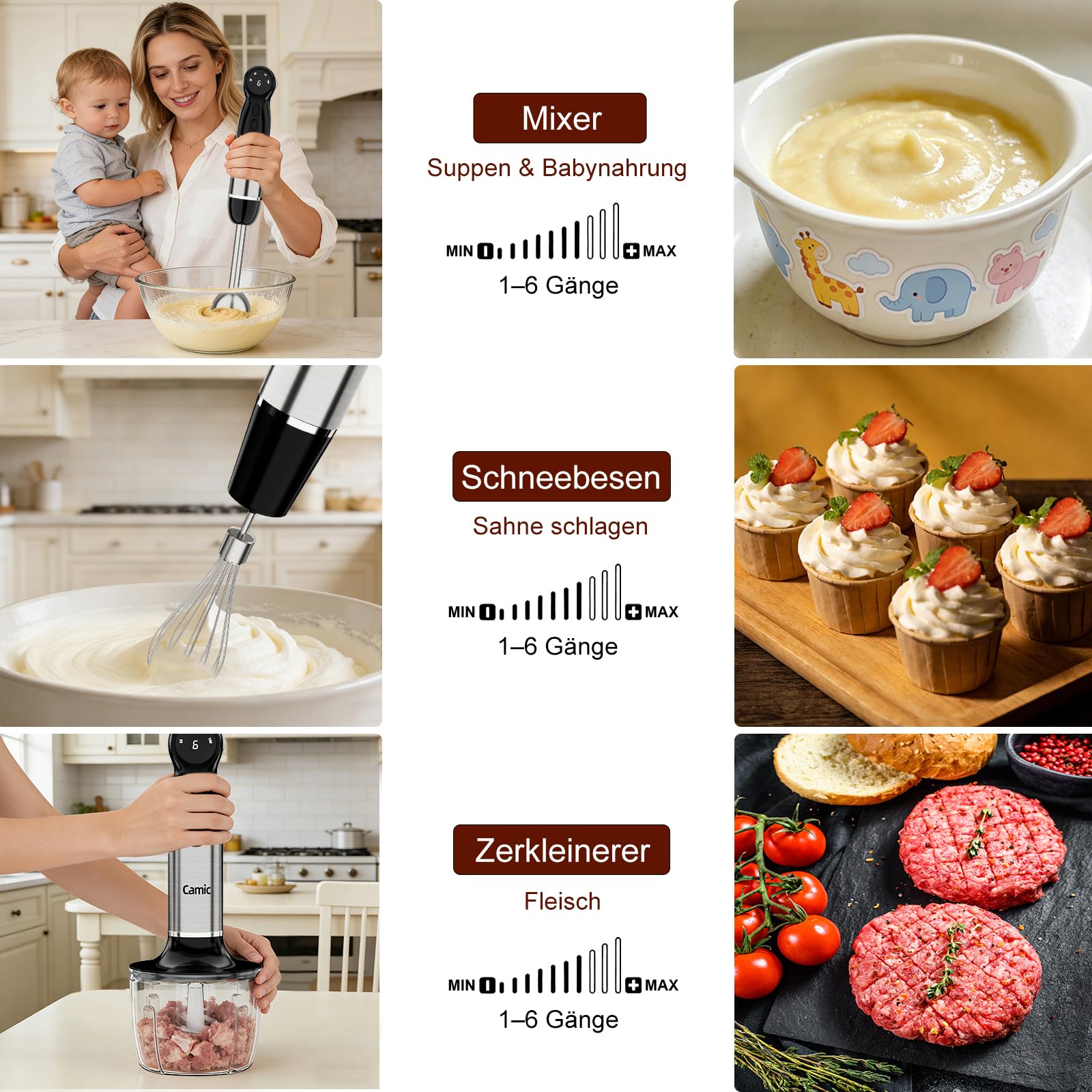 Camic Stabmixer, 4-in-1 Pürierstab, Kabelloses Elektrische Stabmixer mit 6-Stufiger + LED-Anzeige, Inklusive Edelstahl-Mixfuß, Schneebesen und 500ml Lebensmittelhacker für Suppen, Babynahrung