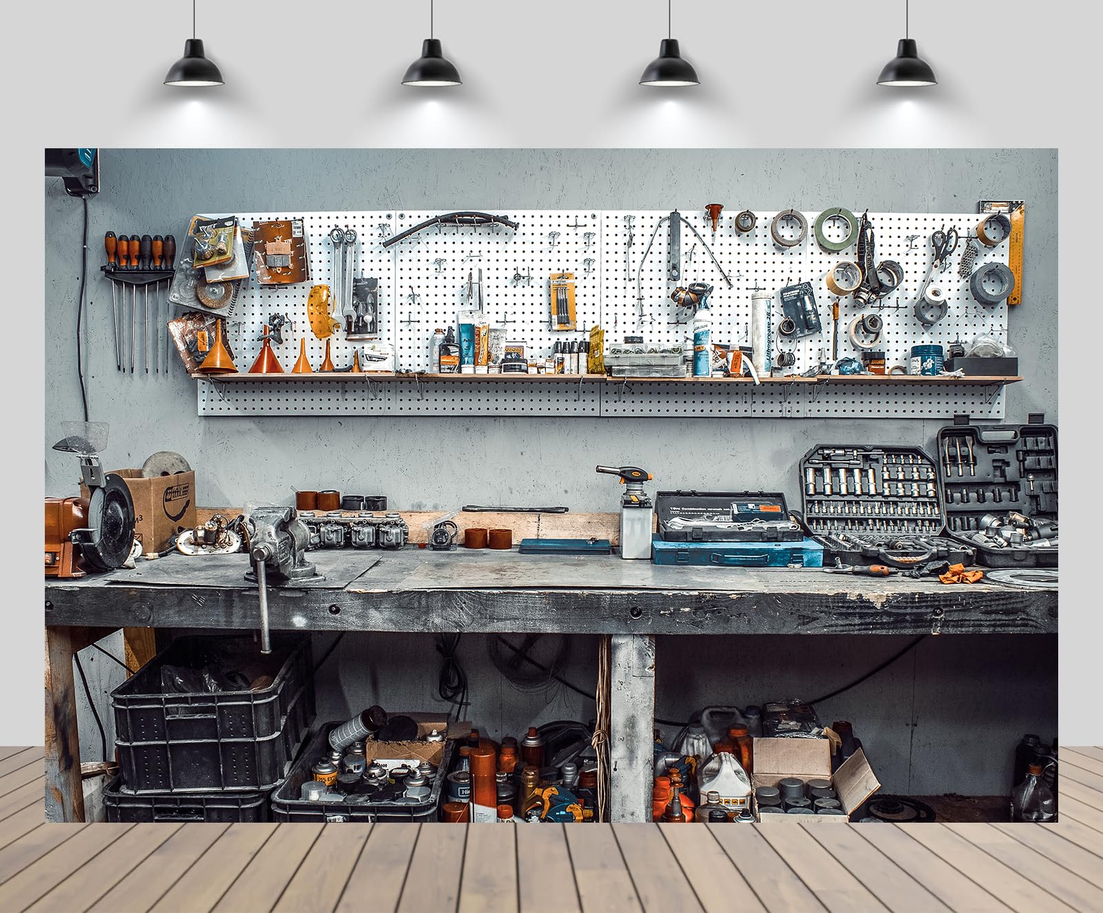 CHNYWORK 7x5ft Mechanic Tools Backdrop Garage Retro Car Bike Repair Tools Wooden Desk Background Themed Workers Kids Boys Mans Fathers Day Birthday