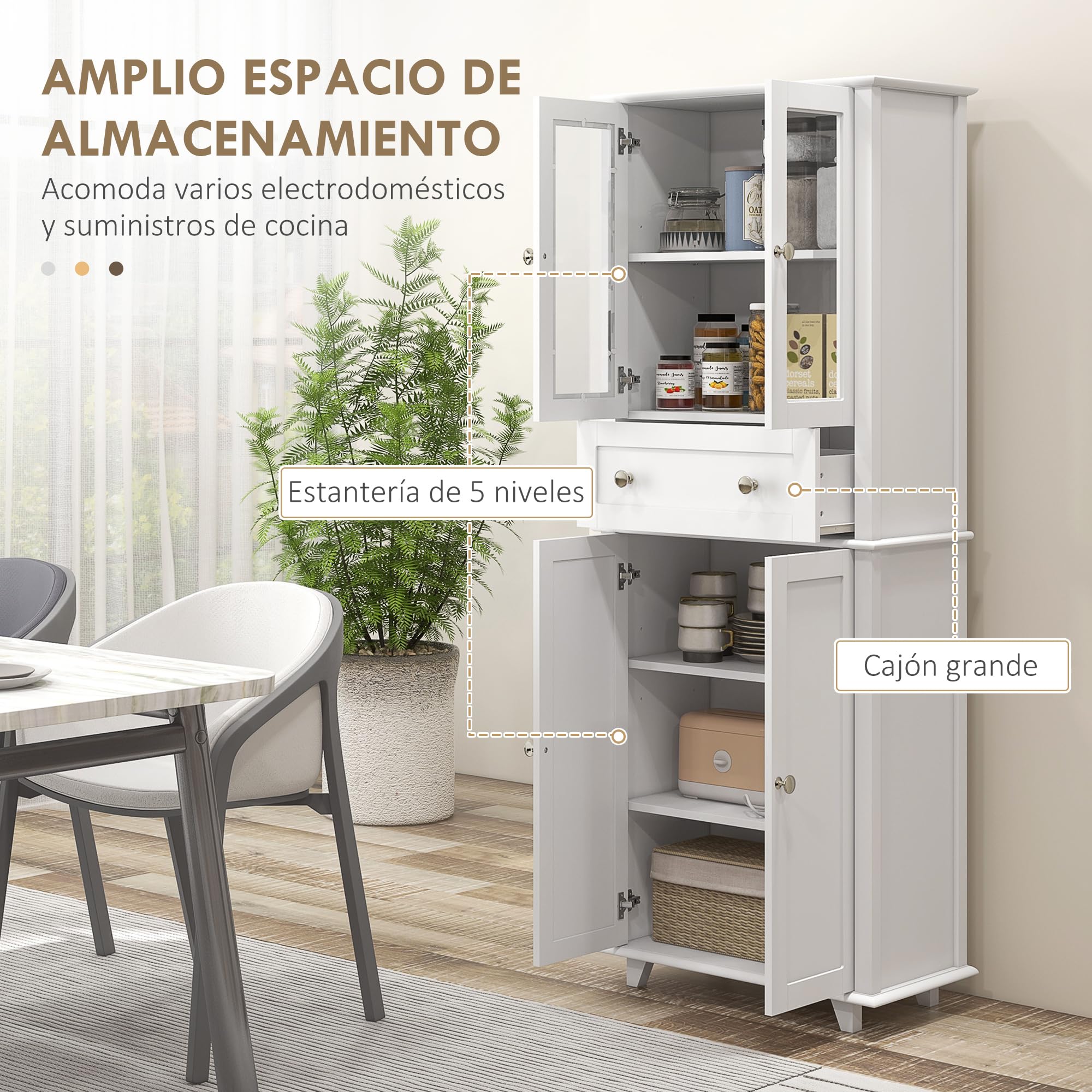 HOMCOM Alacena de Cocina Despensa con 2 Puertas 61x35x168,5 cm Blanco | Armario de Cocina, Vidrio Templado, Cajón, Estantes Ajustables, Aparador para Comedor