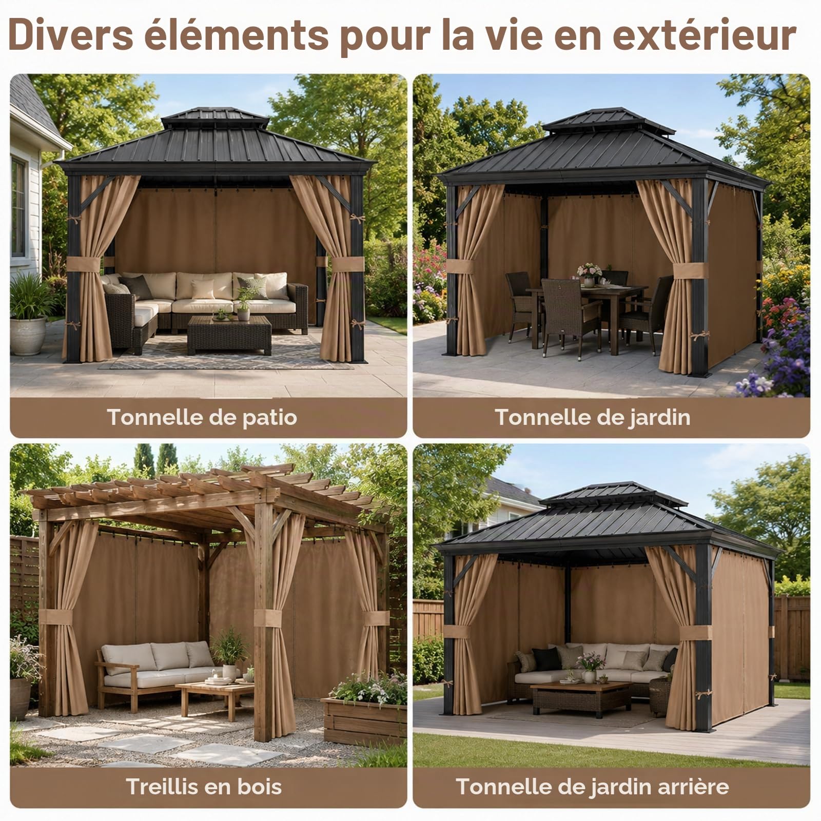 Rideaux Extérieurs de Rechange Imperméable pour Tonnelle 3 x 3 m, Toiles Latérales à 4 Panneaux Intérieur Extérieur Oxford 300D avec Fermeture Éclair, Crochets pour Pavillon, Pergola, Kaki