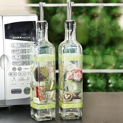Miniatura 2 de CEDAR HOME Juego de botellas de aceite de oliva, dispensador de vidrio, vinagre de 17 onzas, con boquilla vertedora de acero inoxidable a prueba de