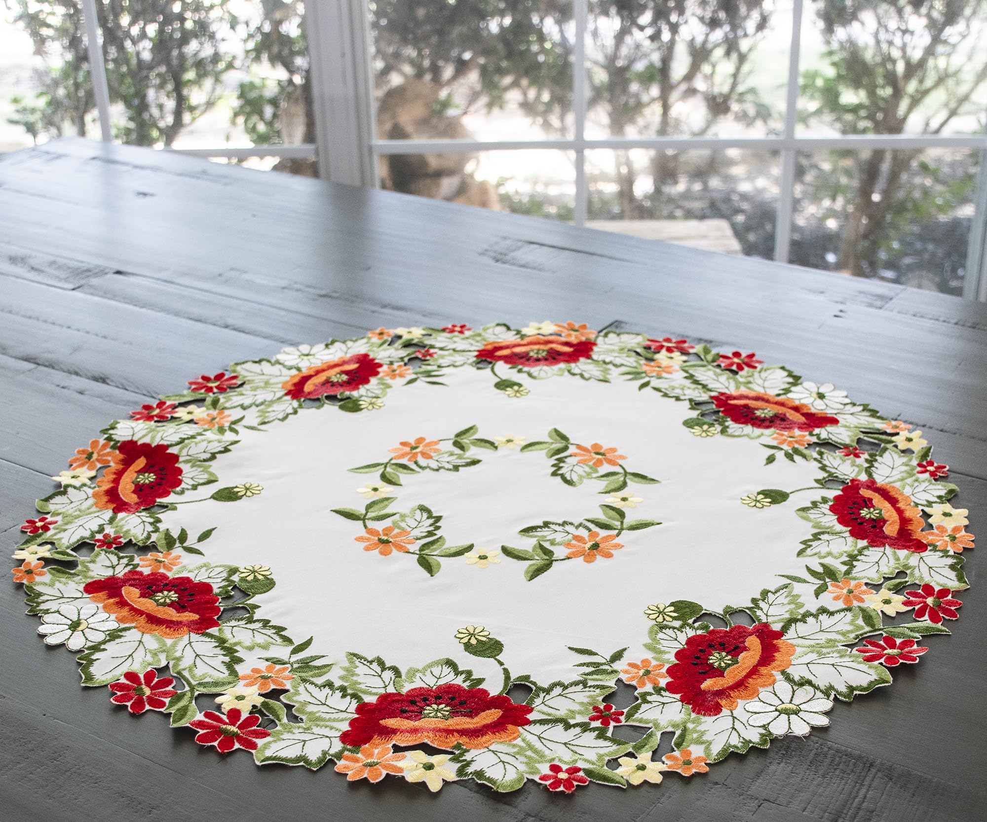Embroidered Red Poppy on Ivory Round Table Topper, Placemat, Doily, Table Runner (23 Inches)