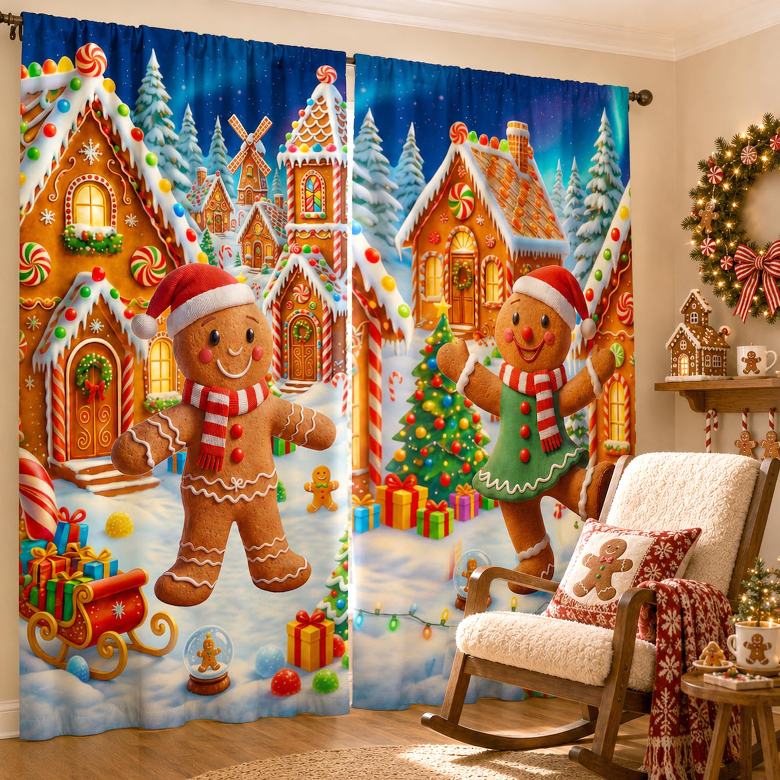 SmoothNovelty 2 Pcs Christmas Gingerbread Curtains for Living Room