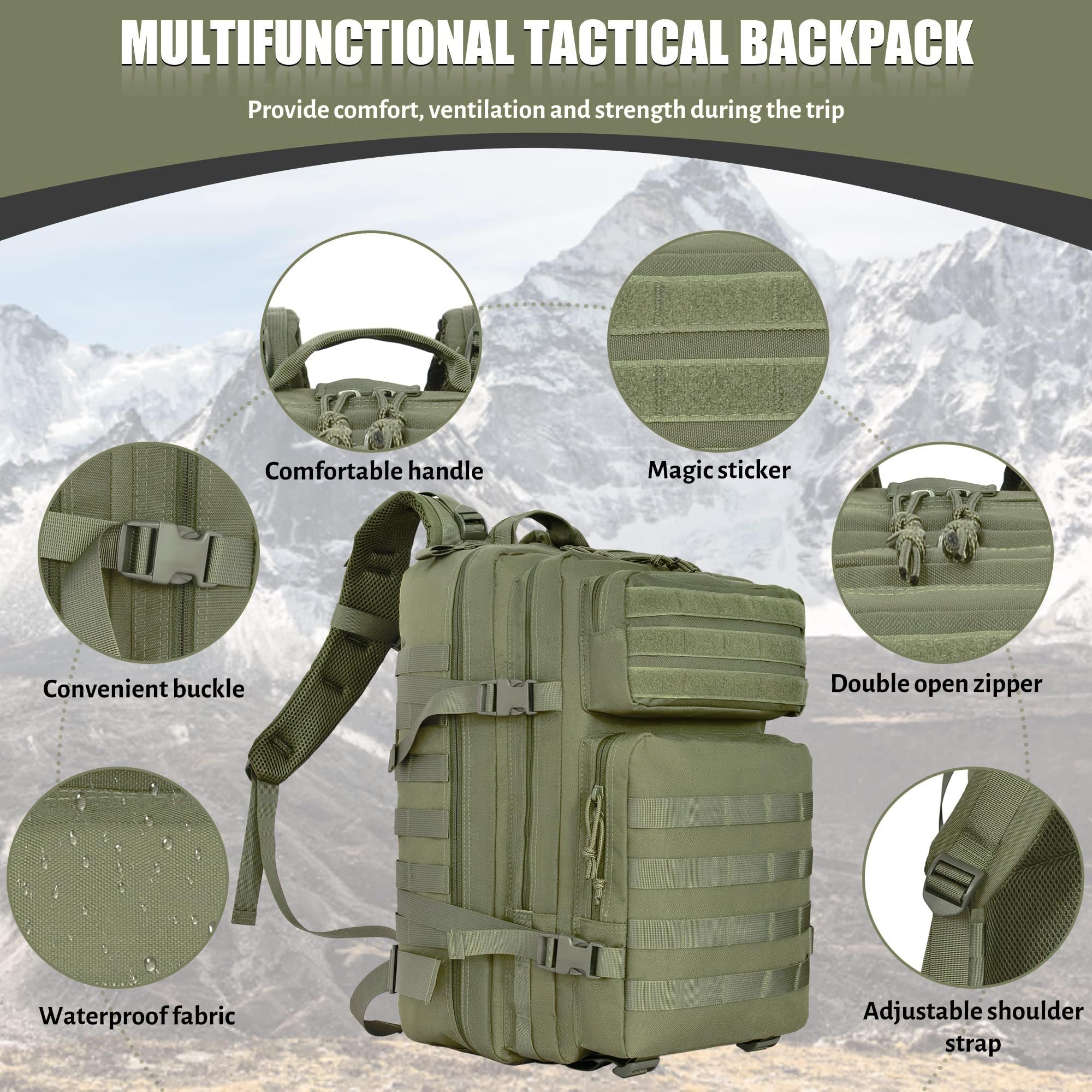 Mochila táctica militar, paquete grande de 3 días de asalto 45L, equipo para transportar carga, ligero y modular (personalizable), Verde, L 2