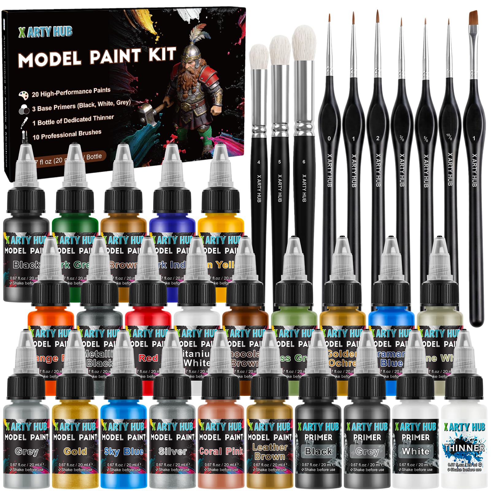Kit di Colori per Modellismoper, Pennello e Aerografo | 20 Colori Acrilici, 3 Primer, Diluente e 10 Pennelli, per Auto in Miniatura, Miniature e Wargame da Tavolo