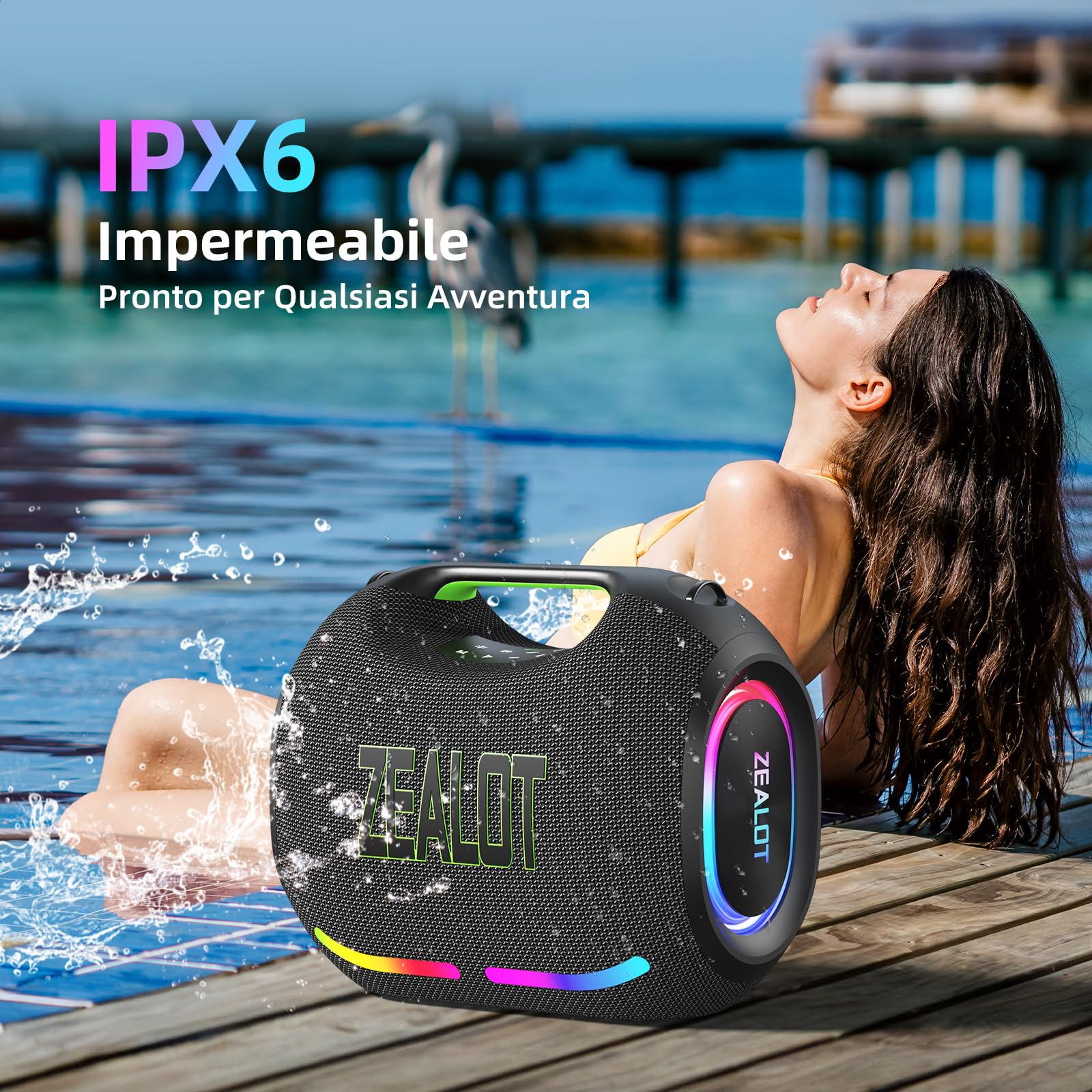 ZEALOT Cassa Bluetooth Portatile ZE21,Potenza di Picco di 300W,Bassi Potenti con Luci,Impermeabile IPX6,Ideale per Feste,Attività all’aperto e uso a bordo piscina