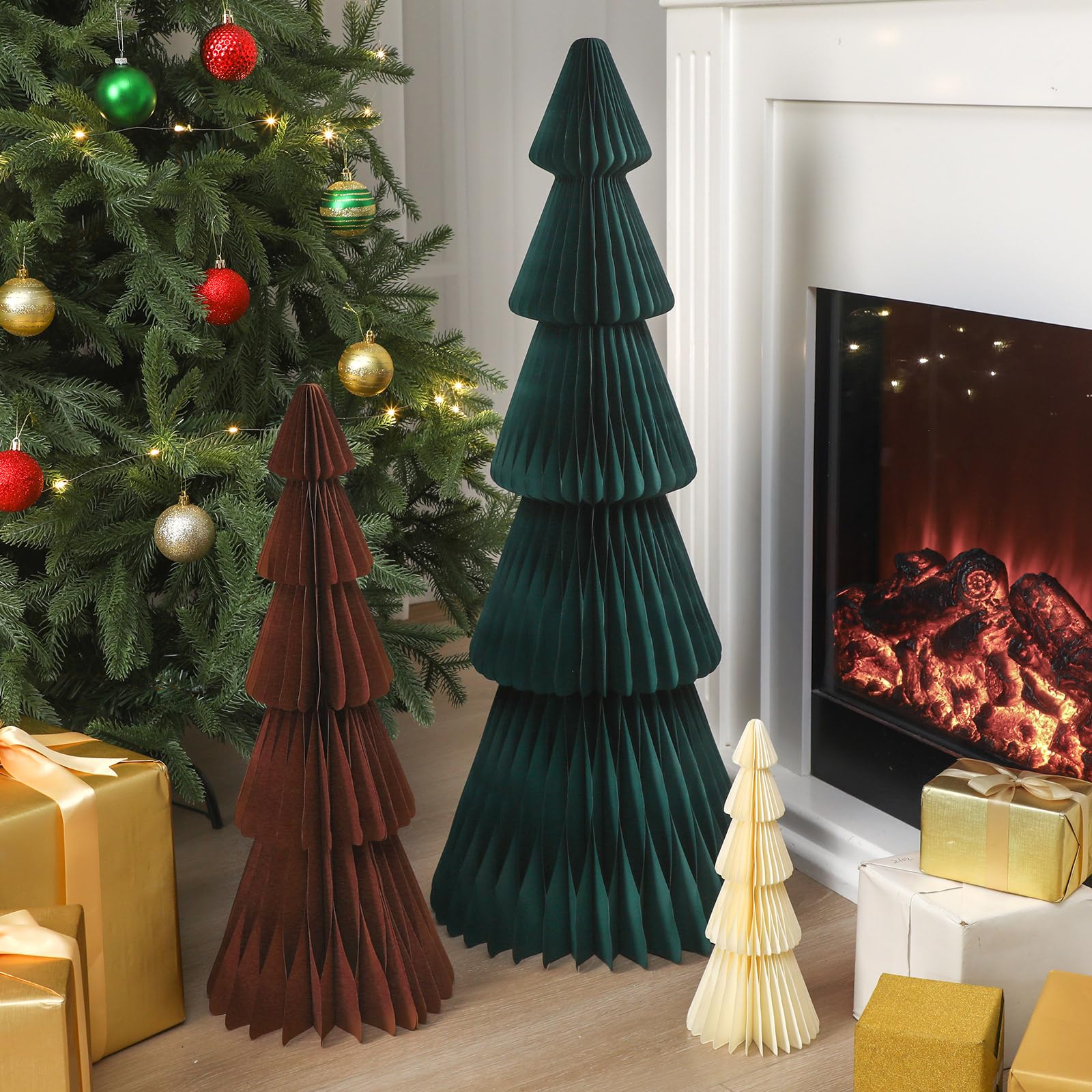 Fullhawl Árbol de Papel de Navidad Grande de 3 pies, 2 pies y 1 pie, árboles de Navidad de Panal, árbol de Navidad 3D, árbol Plegable con imán para decoración de Navidad, Fiesta