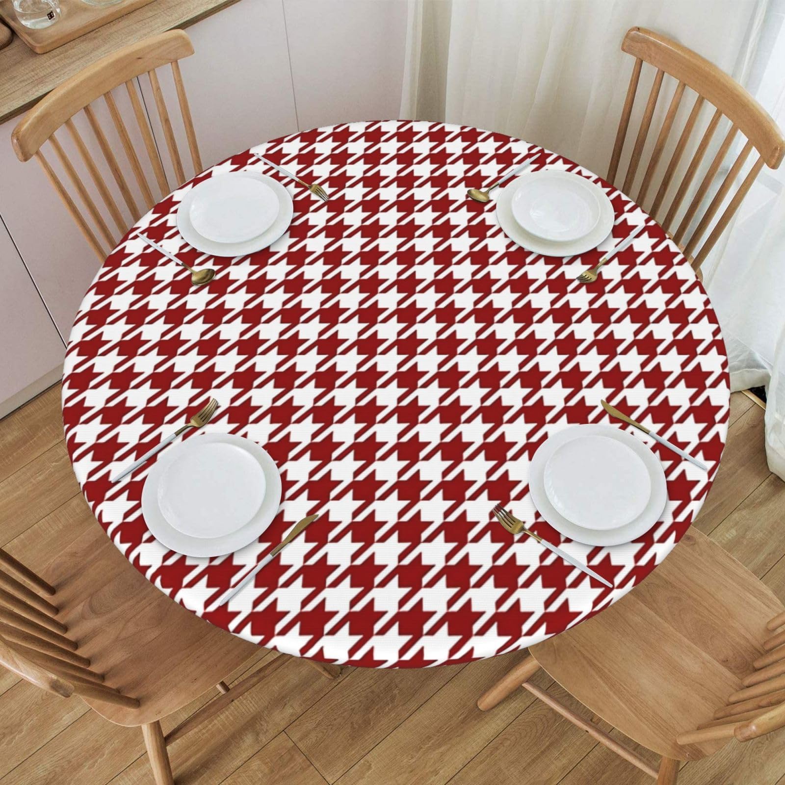 ZIAYQWP Round Tablecloth with Elastic Edge, Red Houndstooth Table Cover, Tablecloth Fits 40"-50" Round Tables for Dinner, Outdoor, Picnic