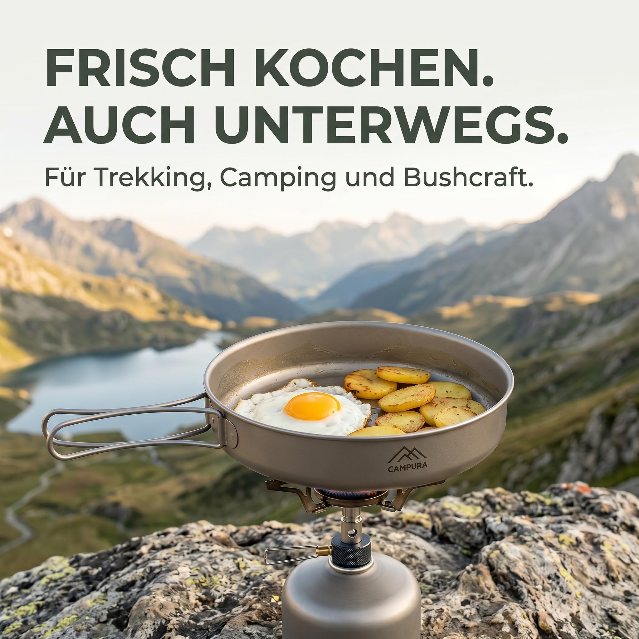Titan Bratpfanne 20cm mit Klappgriff und Transportbeutel - 175g Ultraleichtes Campingkochgeschirr aus Titan für Outdoor, Trekking und Bushcraft - Kompakte Pfanne für Outdoor