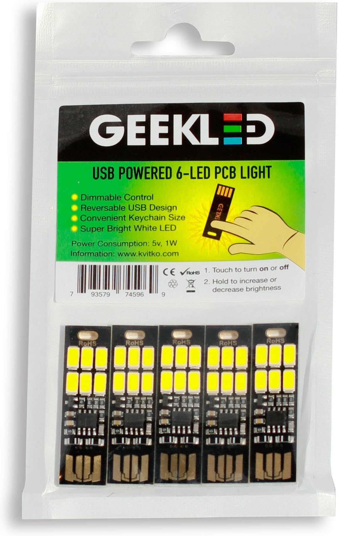 USB POWERED 6-LED PCB LIGHT: 5 Keychain Mini USB Lamp Sticks with Capacitive Touch Dimming Technology