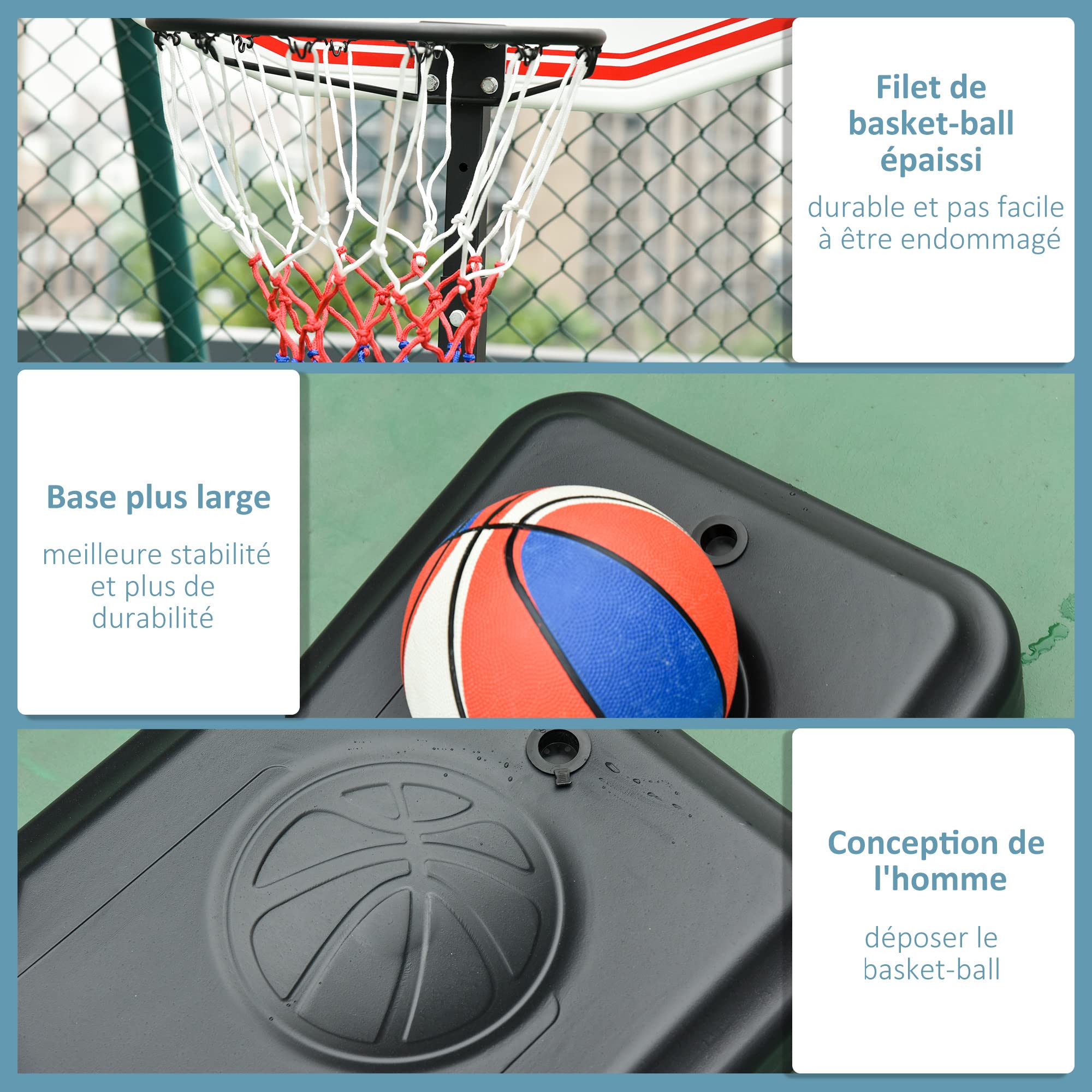 HOMCOM Panier de Basket-Ball sur Pied avec Poteau Panneau, Base de lestage sur roulettes Hauteur réglable 1,9-2,5 m Noir Blanc