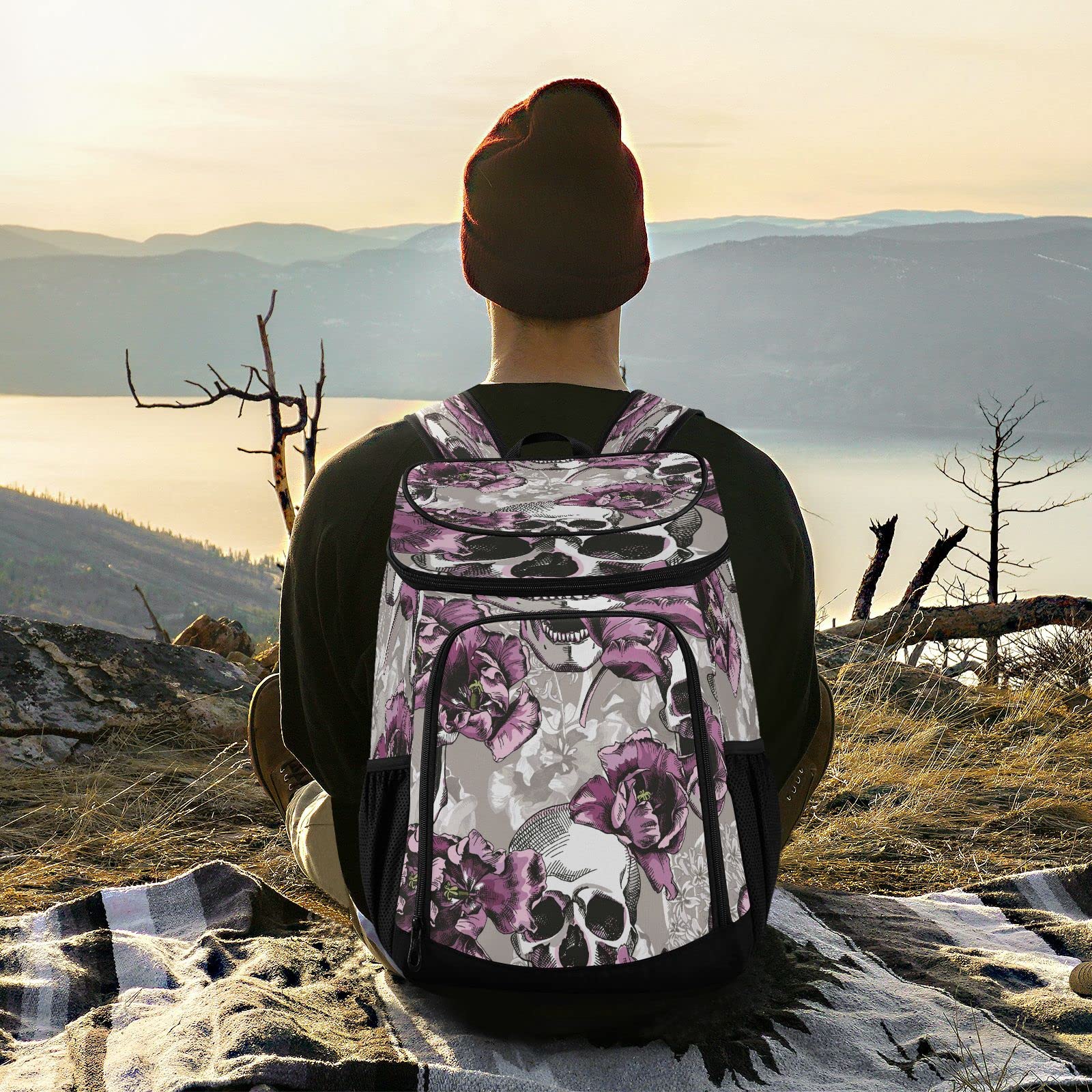 Violet Tulips & Skulls Cooler Backpack – Insulated 30L Leakproof Bag For Beach, Picnic, Camping - View #9