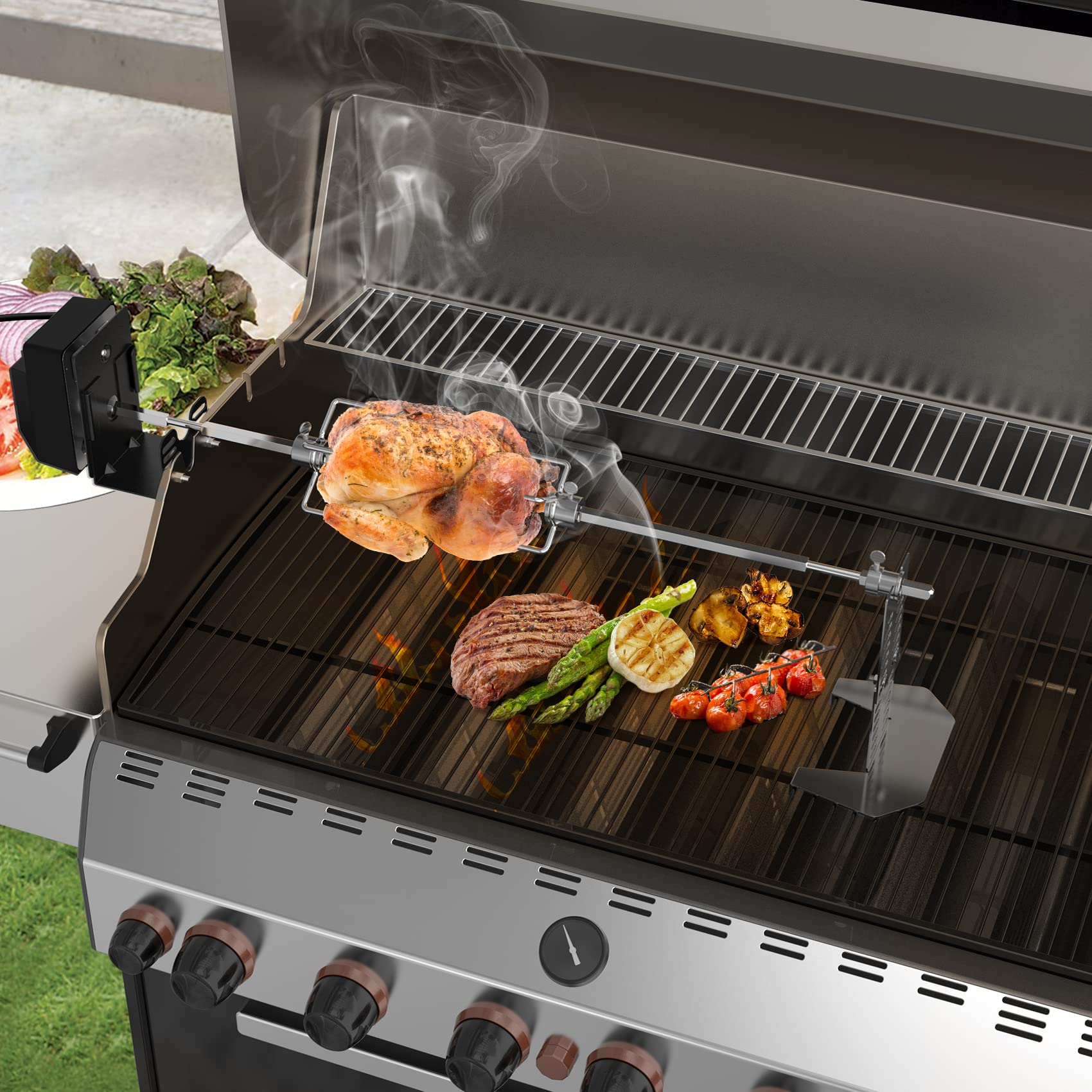 Kit de asador universal para barbacoa para la mayoría de las parrillas de gas, incluye motor eléctrico de 110 V 4 W, tenedores de carne de 4 puntas y barra de asador cuadrada de 28 pulgadas 6