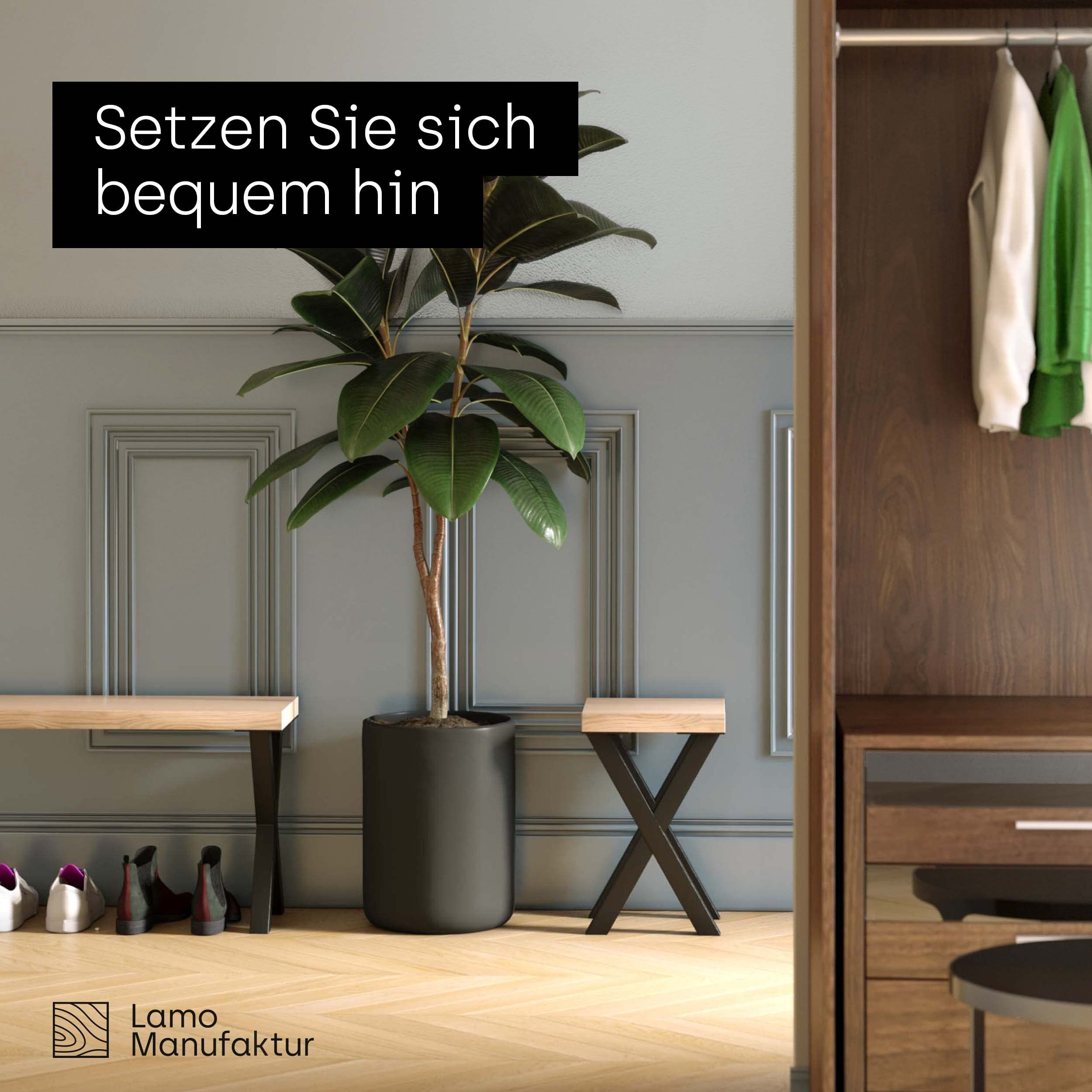 LAMO Manufaktur Panca per sala da pranzo 30x160x47 cm (Lar x Lun x Alt), gambe per mobili 30x160x47cm, gambe per mobili Design Nere/Seduta rustica