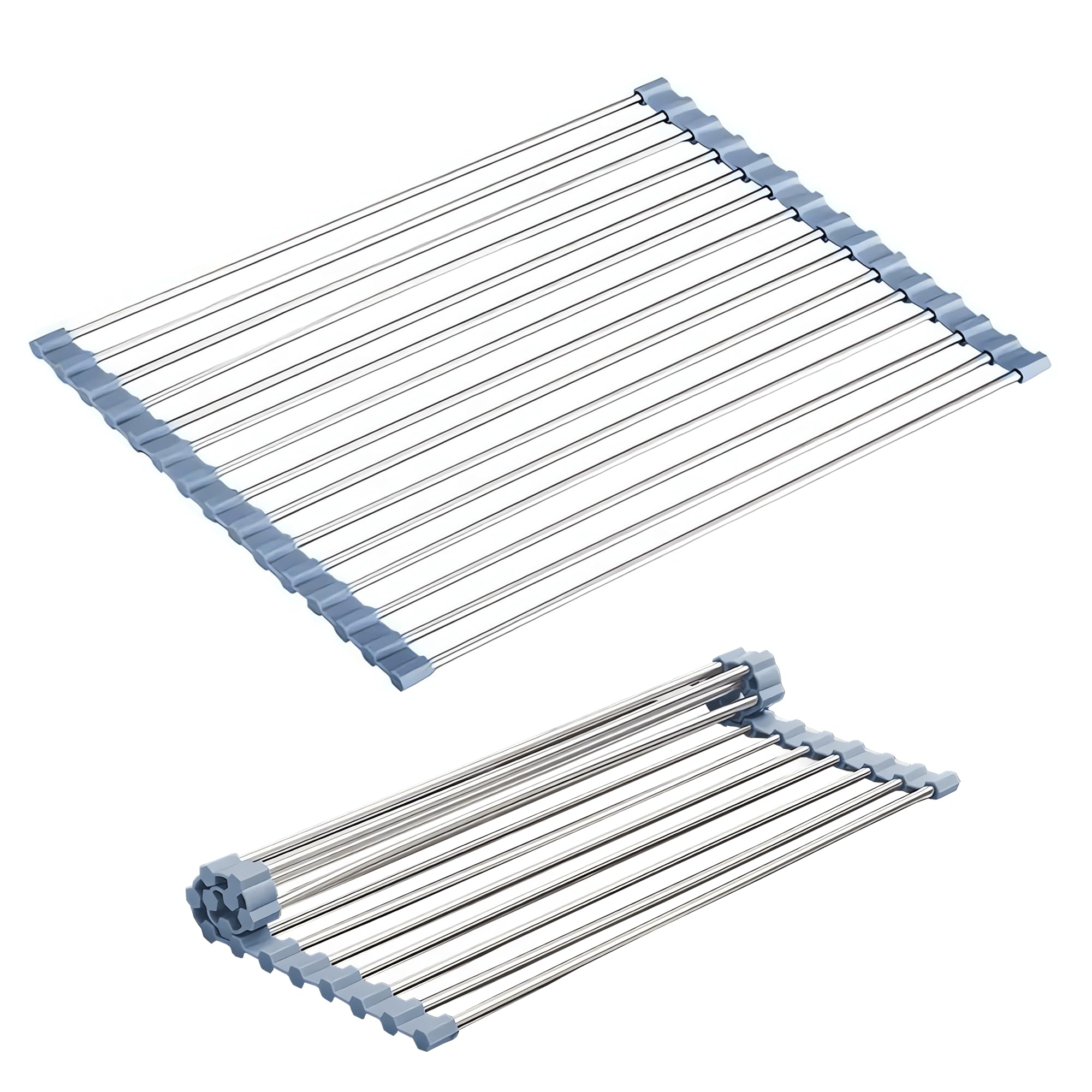 Celerity Roll Up Sink Drying Rack, Stainless Steel Over The Sink Dish Drying Rack, Foldable Sink Rack Mat Kitchen Organize, Rolling Dish Drainer for Sink Counter Utensils Holder (17.7'' x 13''), Grey