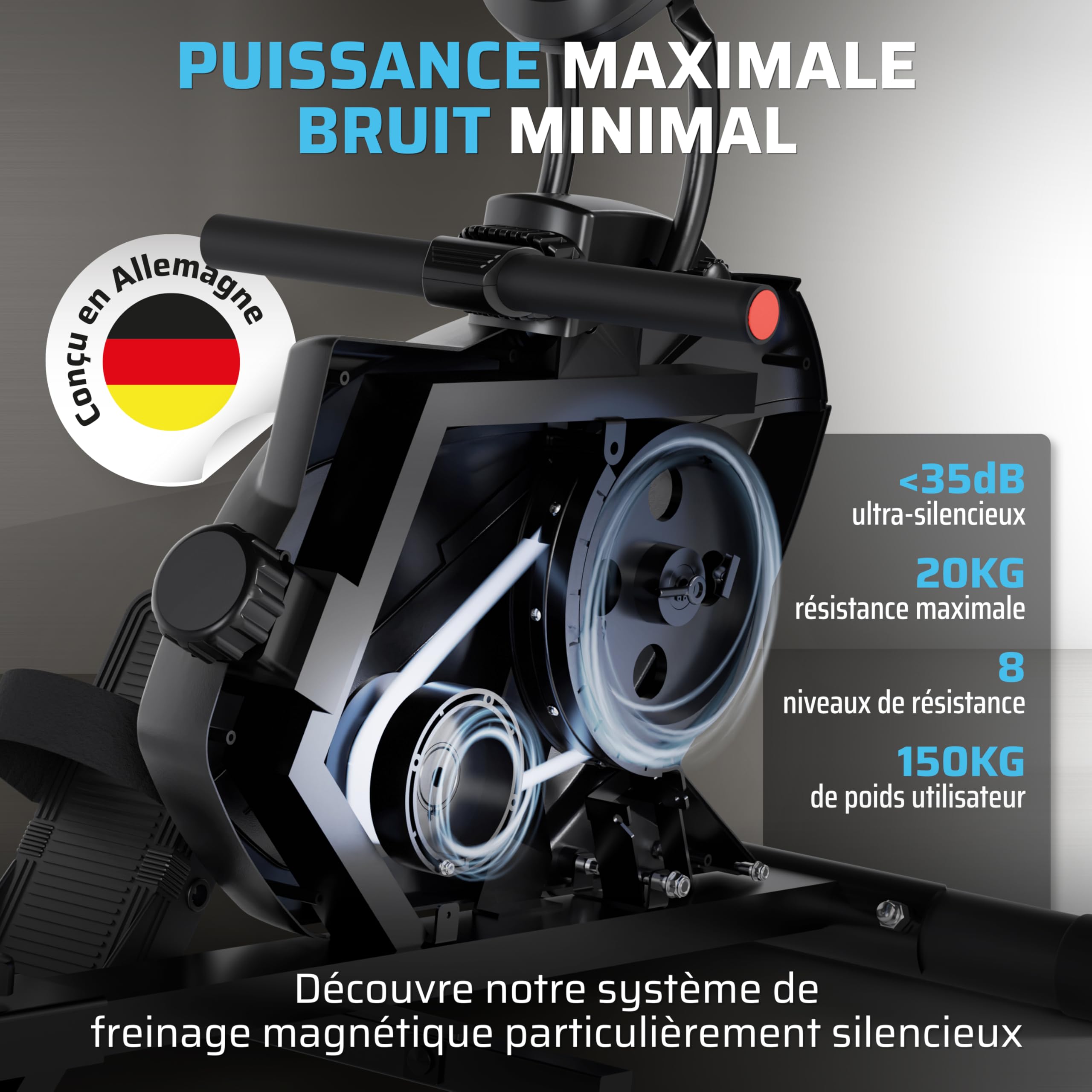 SportPlus Rameur pour la Maison Pliable - Conçu en Allemagne - Système de freinage magnétique Silencieux - 8 Niveaux de résistance, Masse d'inertie de 8 kg - Capacité Maximale 150KG
