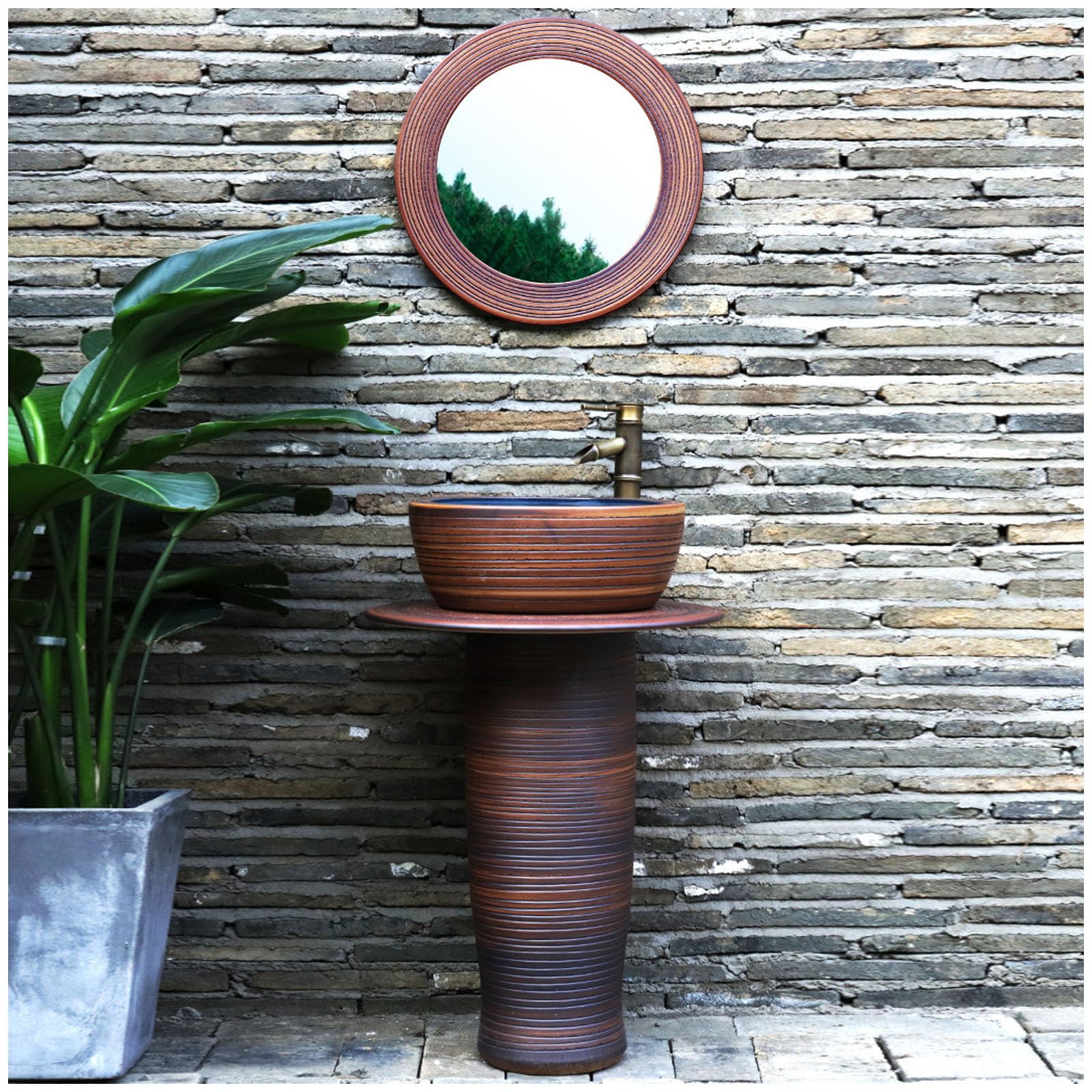 WDSOPK Pedestal Bathroom Sink, Modern Ceramic Bathroom Basin Sink, with Full Pedestal and One Tap Hole Round Freestanding Sink,4 Piece Set (4 Piece Set)