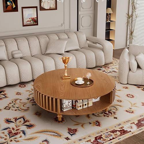 Miniatura 7 de Mesa de centro redonda de 39.4 pulgadas con almacenamiento, mesa auxiliar moderna de 2 niveles, patas de madera maciza, mesa central pequeña Mesa