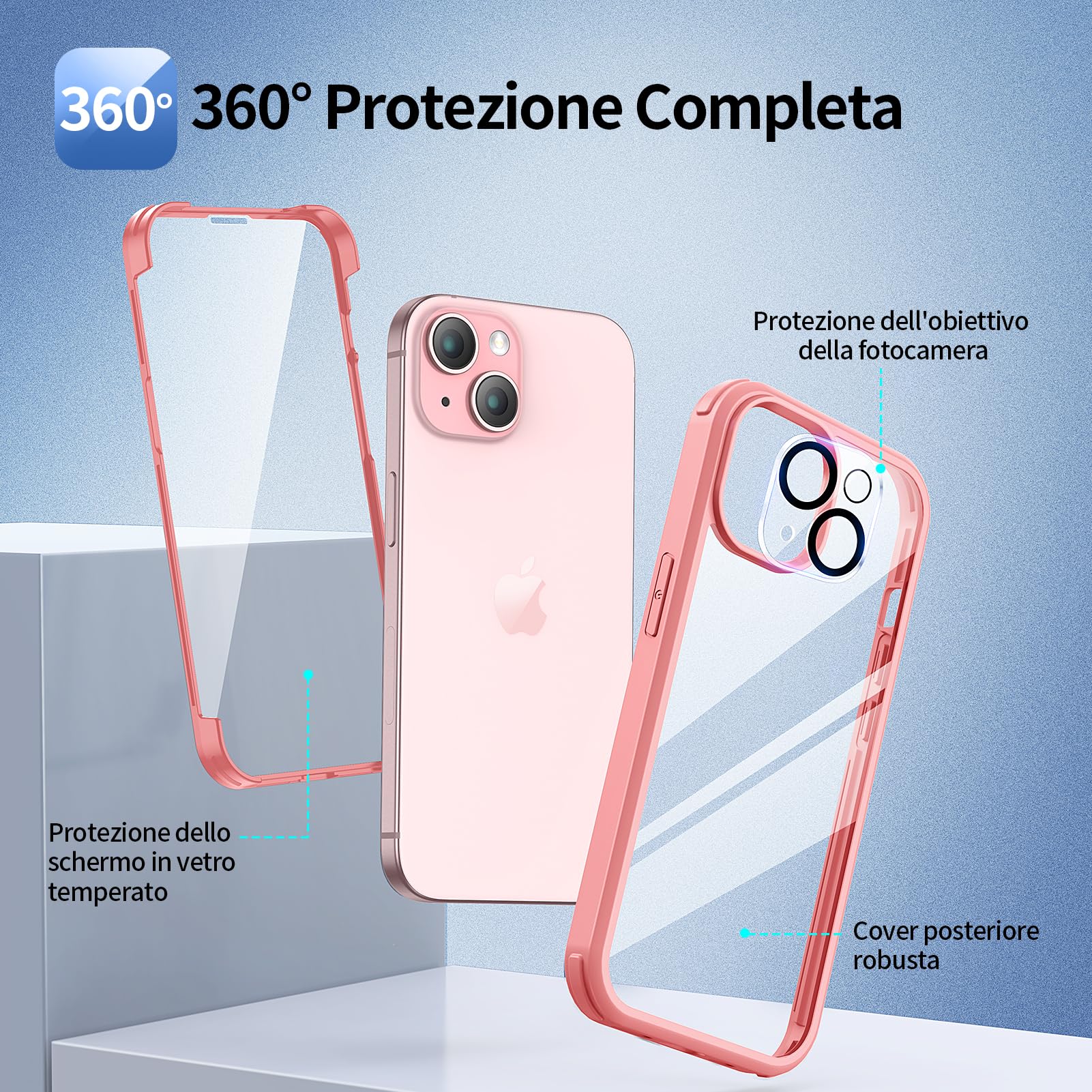 seacosmo Cover per iPhone 15, [9H HD] Integrata Vetro Temperato Schermo e Pellicola Fotocamera 360 Gradi Antiurto Case Rugged Doppia Protezione Custodia per iPhone 15, Rosa