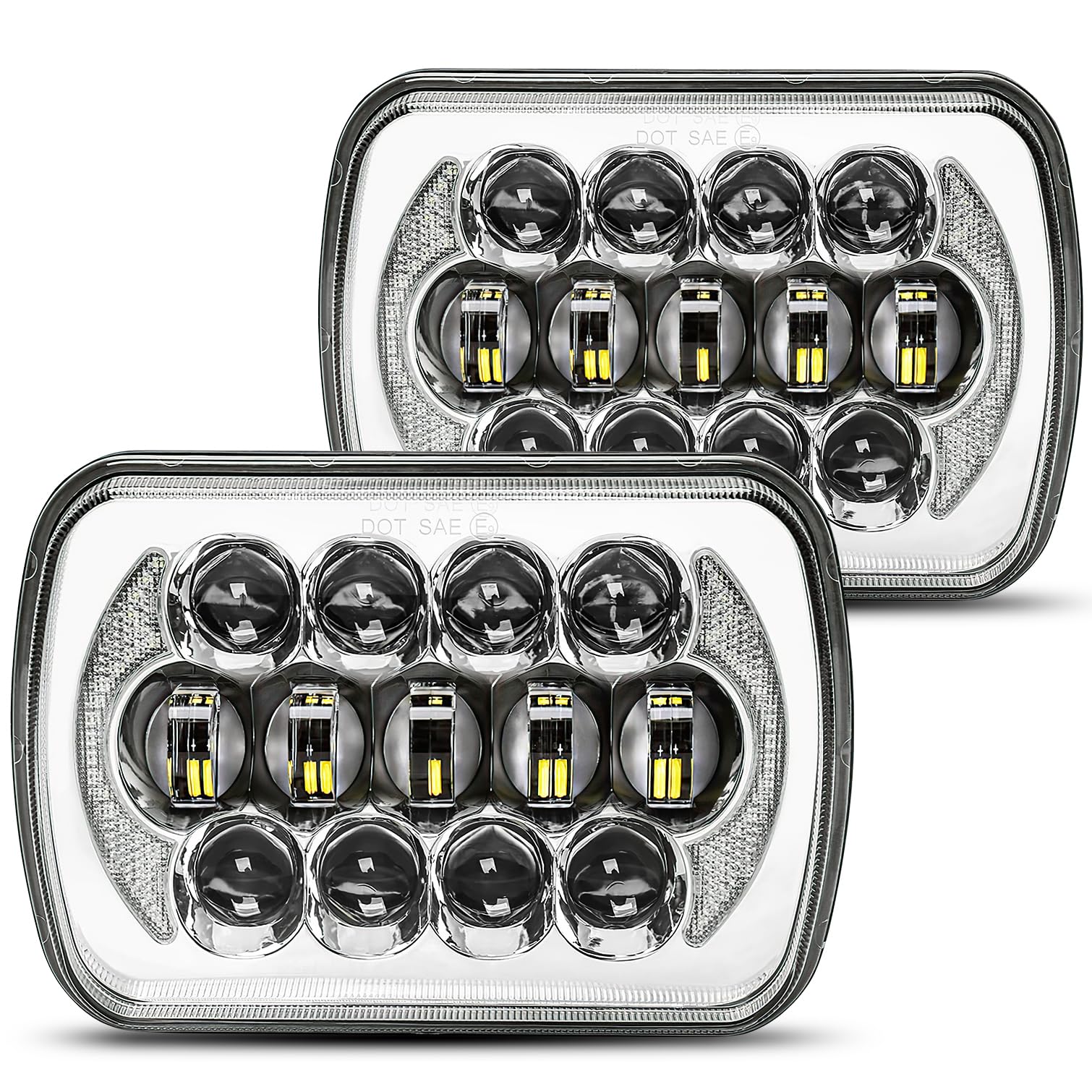 SPL DOT Approved 105W Brightest 5x7 7x6 Projector Led Headlights Hi/Low Sealed Beam H4 Plug H6054 H5054 with DRL Compatible with Jeep Wrangler YJ Cherokee XJ Ford Chevy GMC Toyota etc(Chrome Pair)