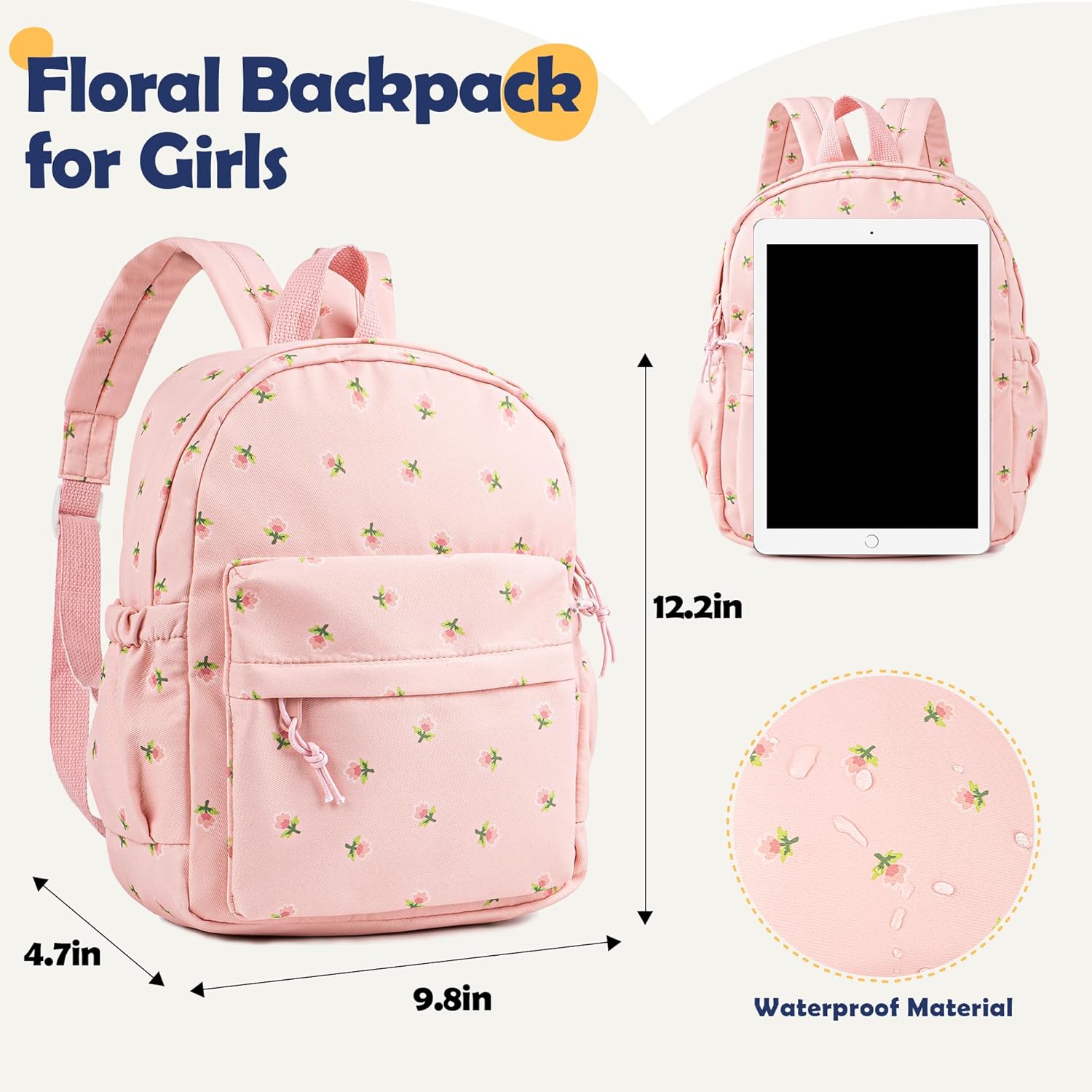 MT WORLD Floral Toddler Backpack Personalized Daycare Backpack Little Girls Daypack with Flower Custom Bookbag Gifts with Embroidered Name for School Overnigtht Daily Activities (Pink)