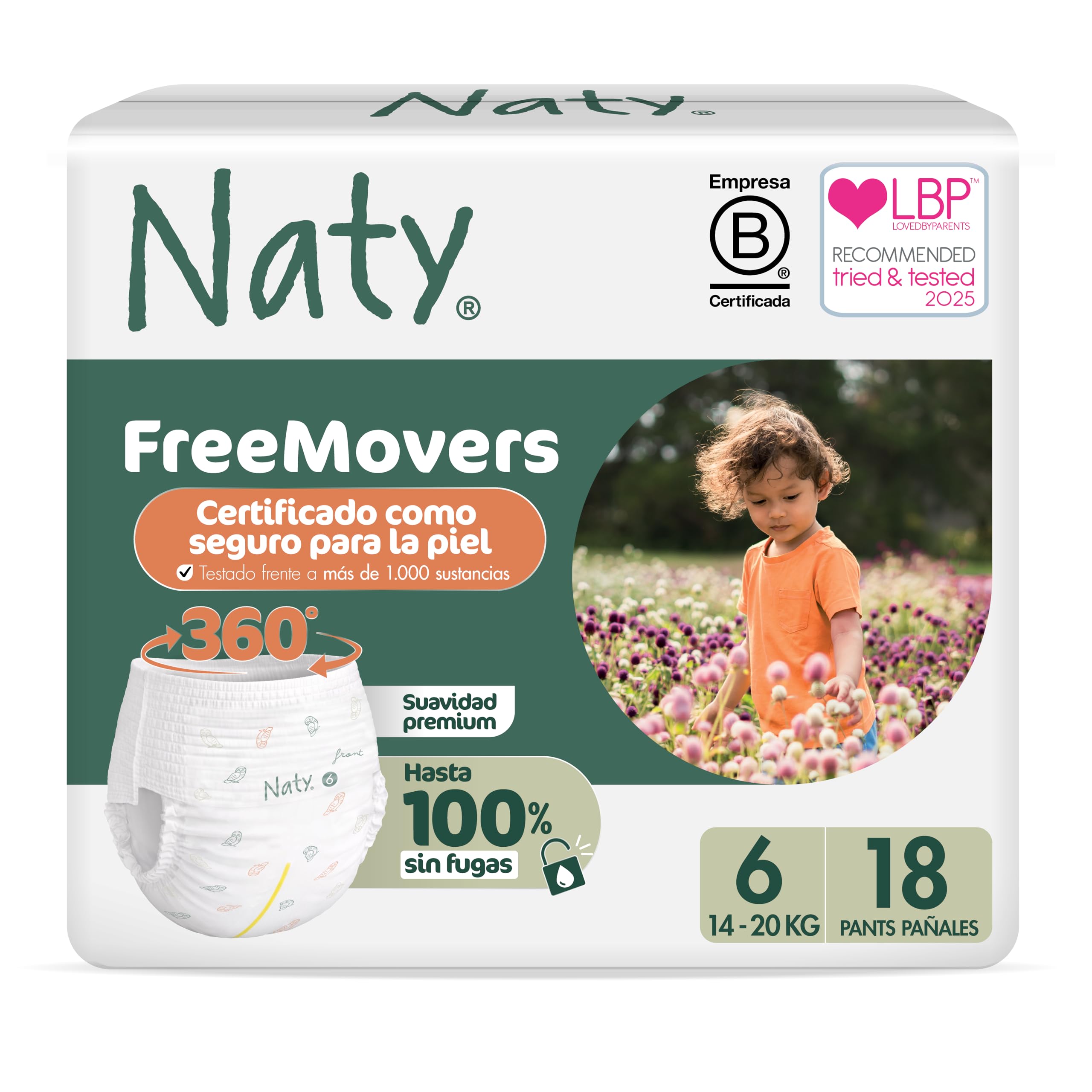 Naty FreeMovers Pañales Pants | Pañales Braguita Certificados para Piel Sensible | Suaves, Sin Perfume | Absorbentes y Anti-​Fugas | Unisex Bebé y Niño | Talla 6 (14–20 kg), 18 Unidades