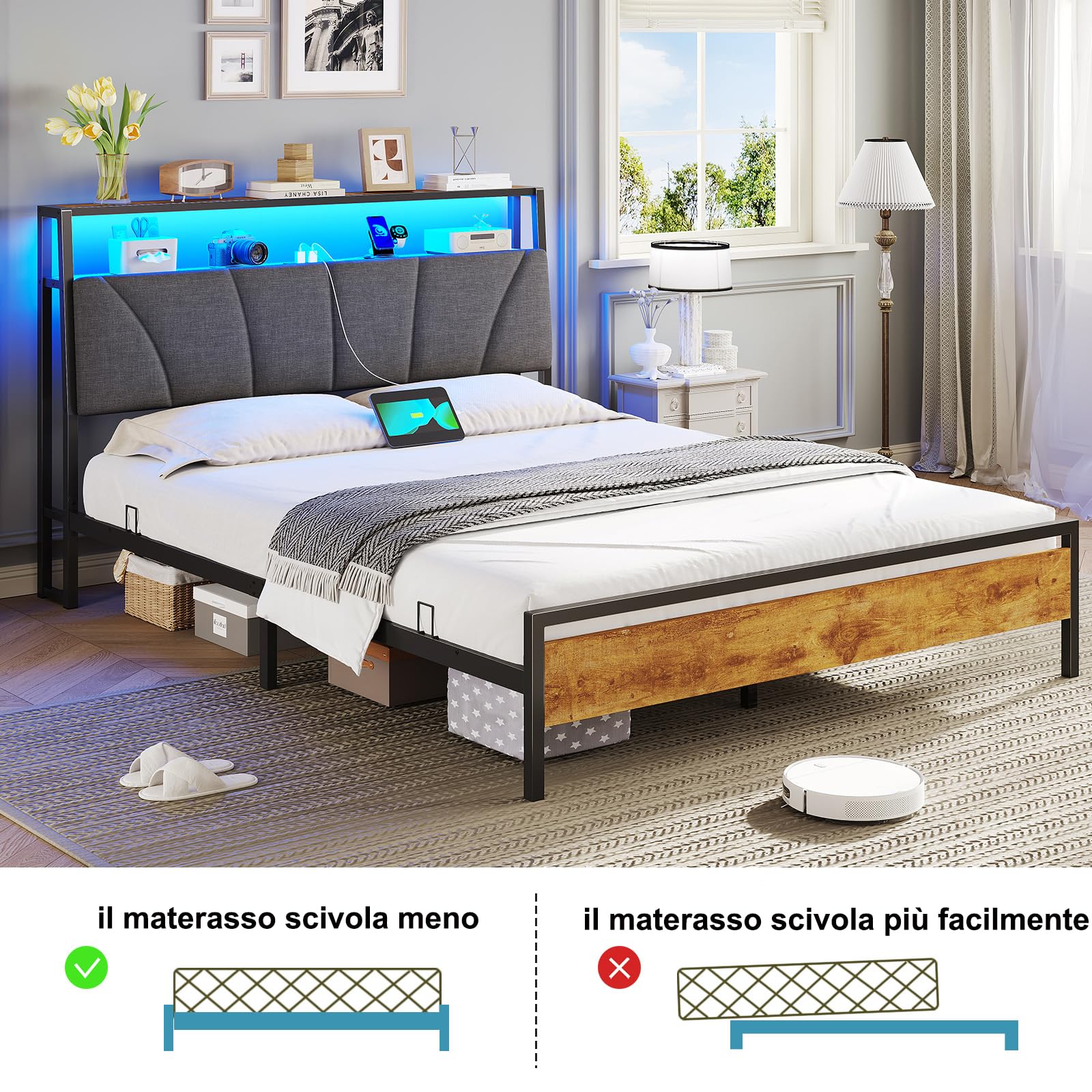 Brinlawb Letto Imbottito 120x200 cm, Struttura letto con Luce LED e Stazione di Ricarica (2 Prese CA 2 Porte USB) Struttura letto con piattaforma in metallo, Facile da montare, Moderno, Nero e Grigio