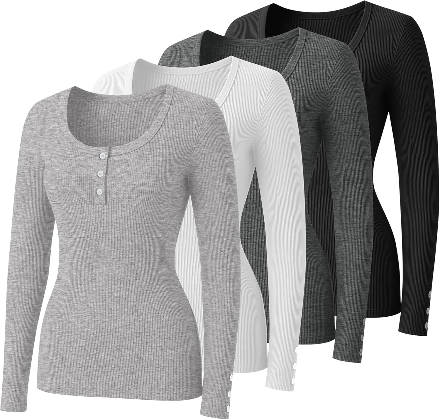 4 Pack Women's Long Sleeve Henley Shirts Button Ribbed Knit Slim Fit U Neck Tops Casual Going out Tee Fall Winter - Image 3