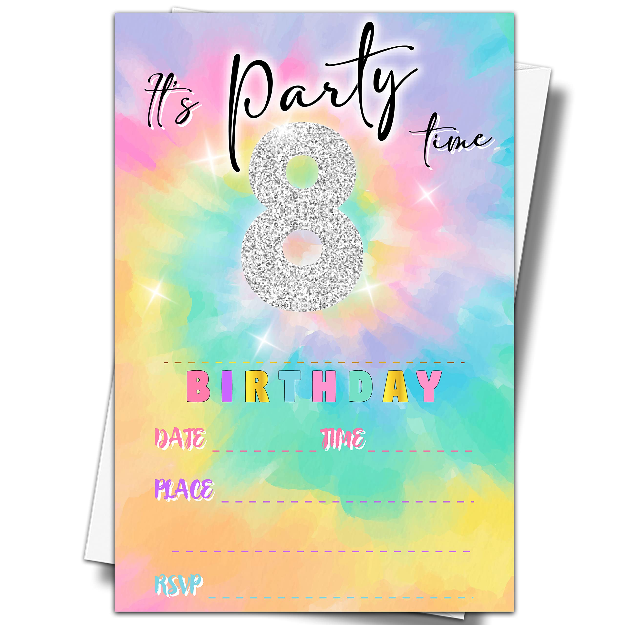 YSTEP Tie Dye 8th Birthday Party Invitations, 20 Invite Cards with Envelopes, 4