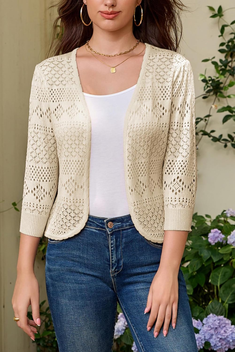 GRACE KARIN Women's 3/4 Sleeve Open Front Cropped Cardigan Summer Lightweight Hollow Out Knit Shrug - Image 2