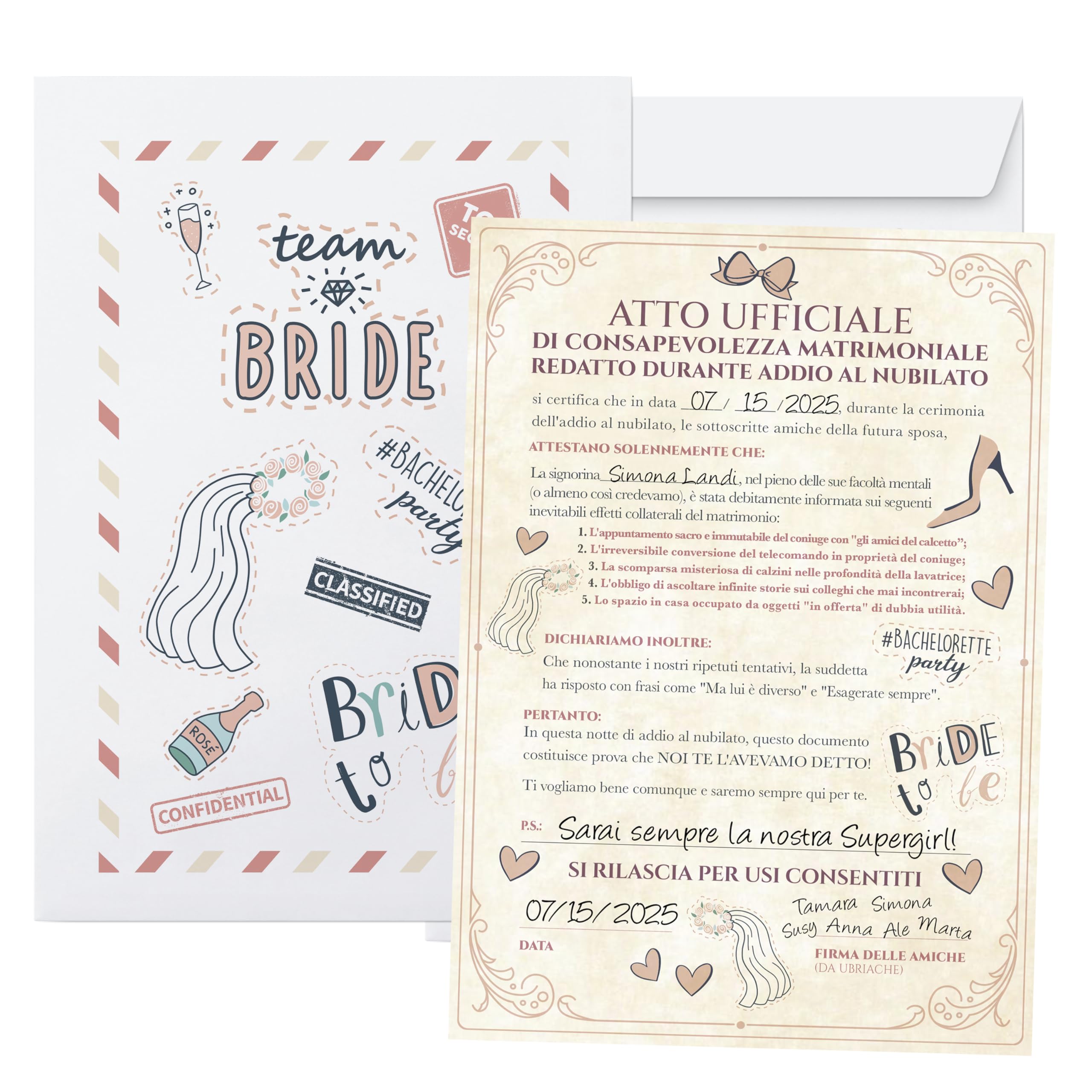 KAÏDENSÏ Gadget Addio al Nubilato Sposa - Pergamena Atto di Consapevolezza Matrimoniale - Accessori Team Bride Divertenti - Kit Idea Regalo Originale