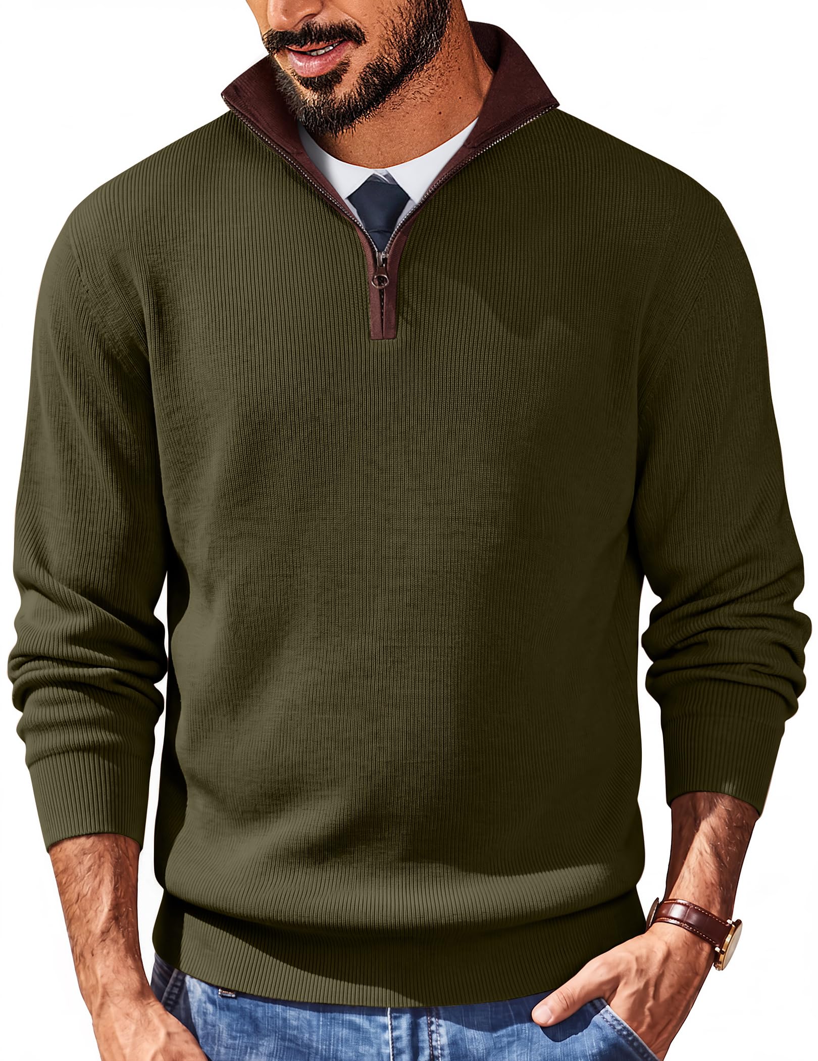 coofandy Mens Quarter Zip Sweater Slim Fit Mock Neck Pullover Casual Knitted Ribbed Polo Sweaters-picture-47
