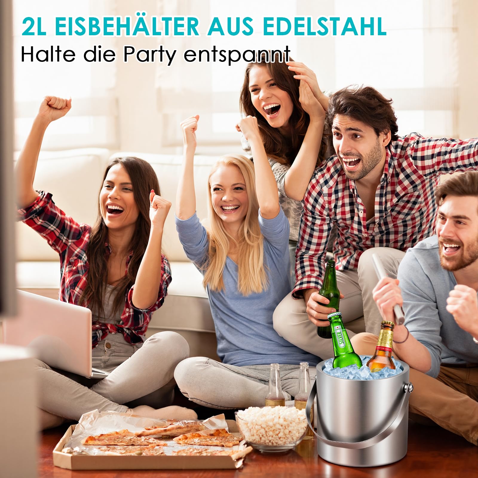 2L Eiswürfelbehälter, Eiskübel mit Deckel und Zange, Eisbehälter Edelstahl, 100% BPA Frei Eiseimer, Eiswürfel Aufbewahrungsbehälter für Bier, Früchten, Champagner, Riegel, Partys