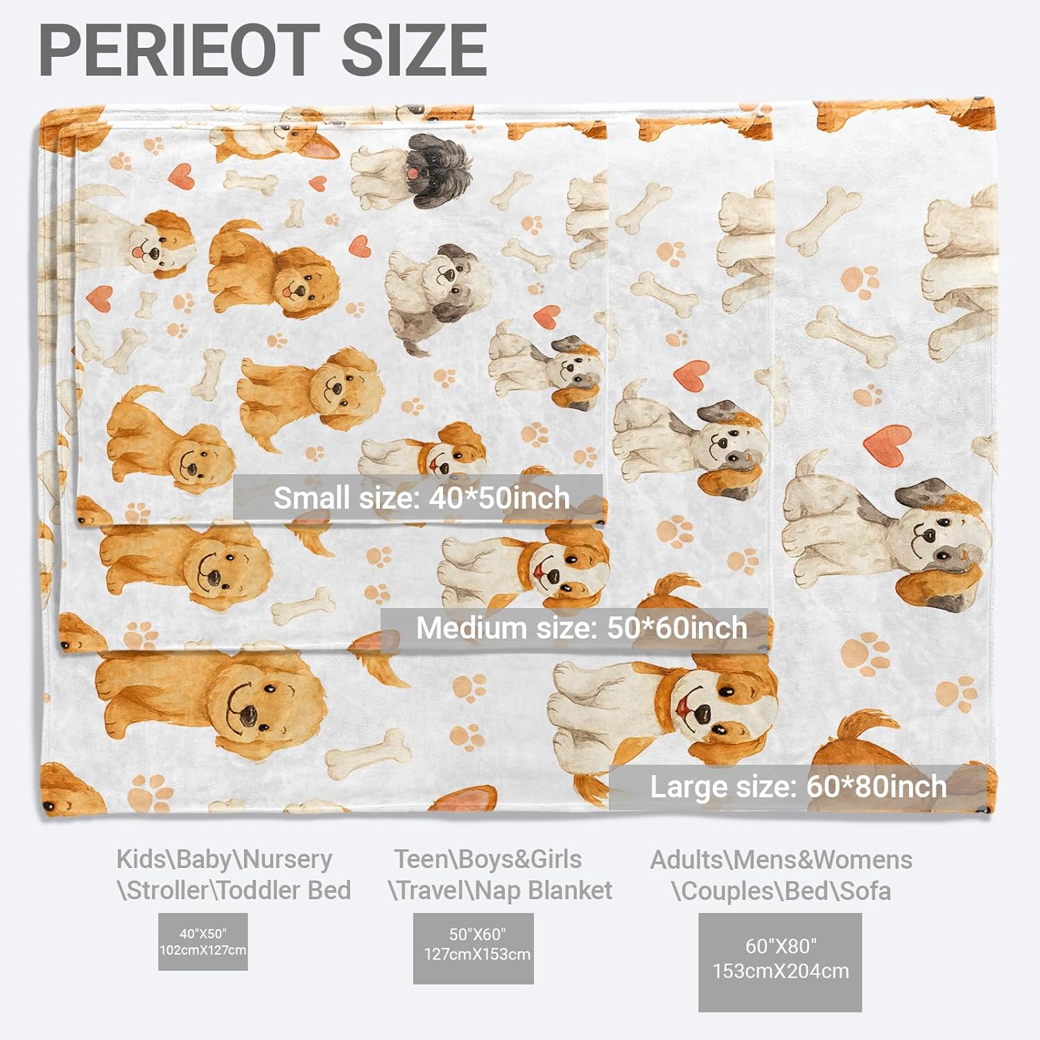 Cute Puppy Lightweight Throw Blanket, Cartoon Dog with Bone Paw and Heart Pattern, Warm Soft Cozy Flannel Blankets, Couch Bed Home Decor All Season Use, 80x60in, White, Gifts for Kids Girls
