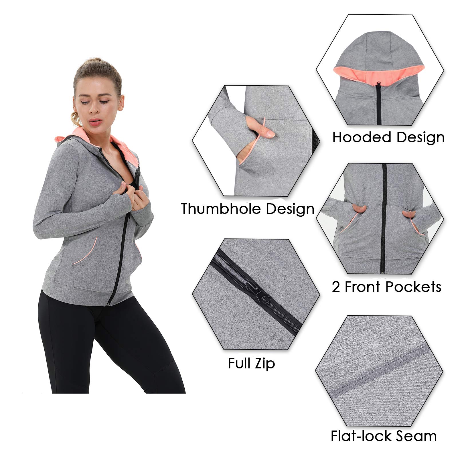 AMZSPORT Chaqueta Deportiva Mujer, Sudadera Capucha Running Cremallera con Bolsillos — view 4