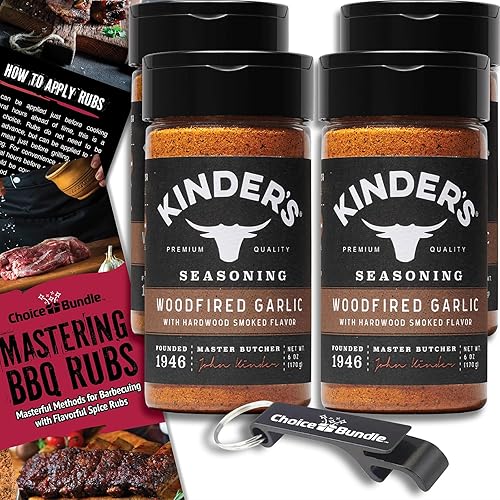 Kinder's - Condimento de ajo a leña con sabores ahumados de madera dura, paquete de 4 unidades premium para barbacoa (24 onzas) + guía de barbacoa y