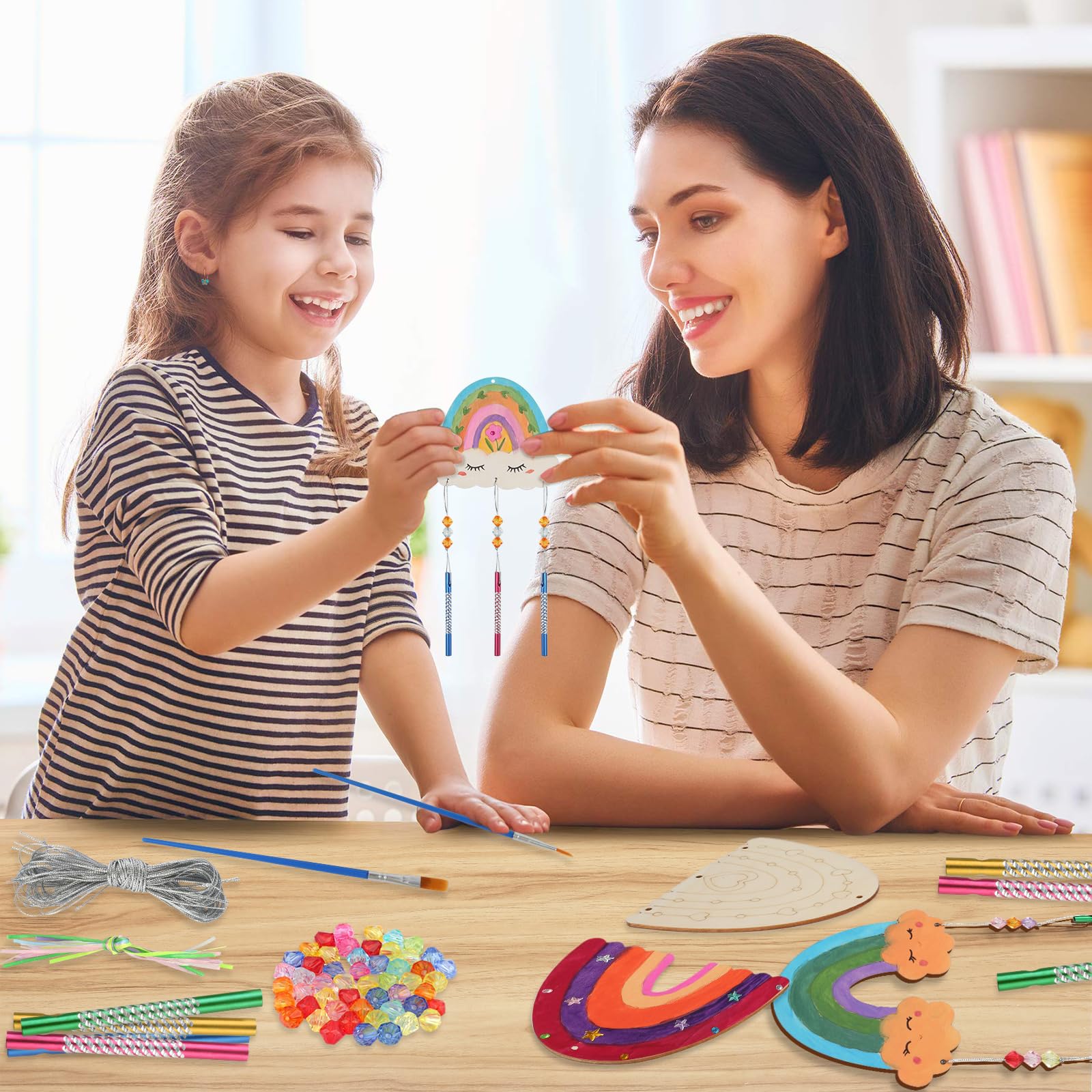 12 Stück Windspiel Bastelset Für Kinder – Regenbogen Holz Klangspiel Zum Bemalen, Inkl. Stäbe, Pinsel & Aufkleber