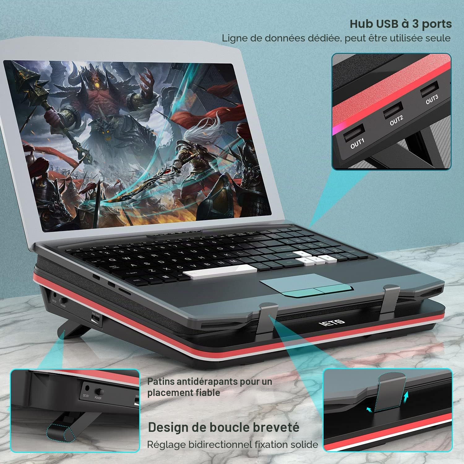 IETS GT500 Ventilateur turbo puissant 5000 tours/min pour ordinateur portable, mousse d'étanchéité pour refroidissement rapide, ordinateur portable de jeu 13 à 17.3" avec hub USB 3 ports