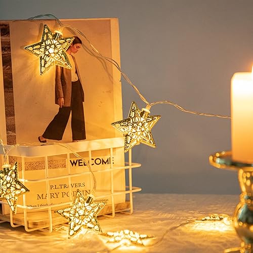 Miniatura 5 de Vigdur Guirnalda de luces de estrella de 10 pies, 20 luces LED de hadas de estrellas, funciona con pilas, con temporizador, luces de Navidad para