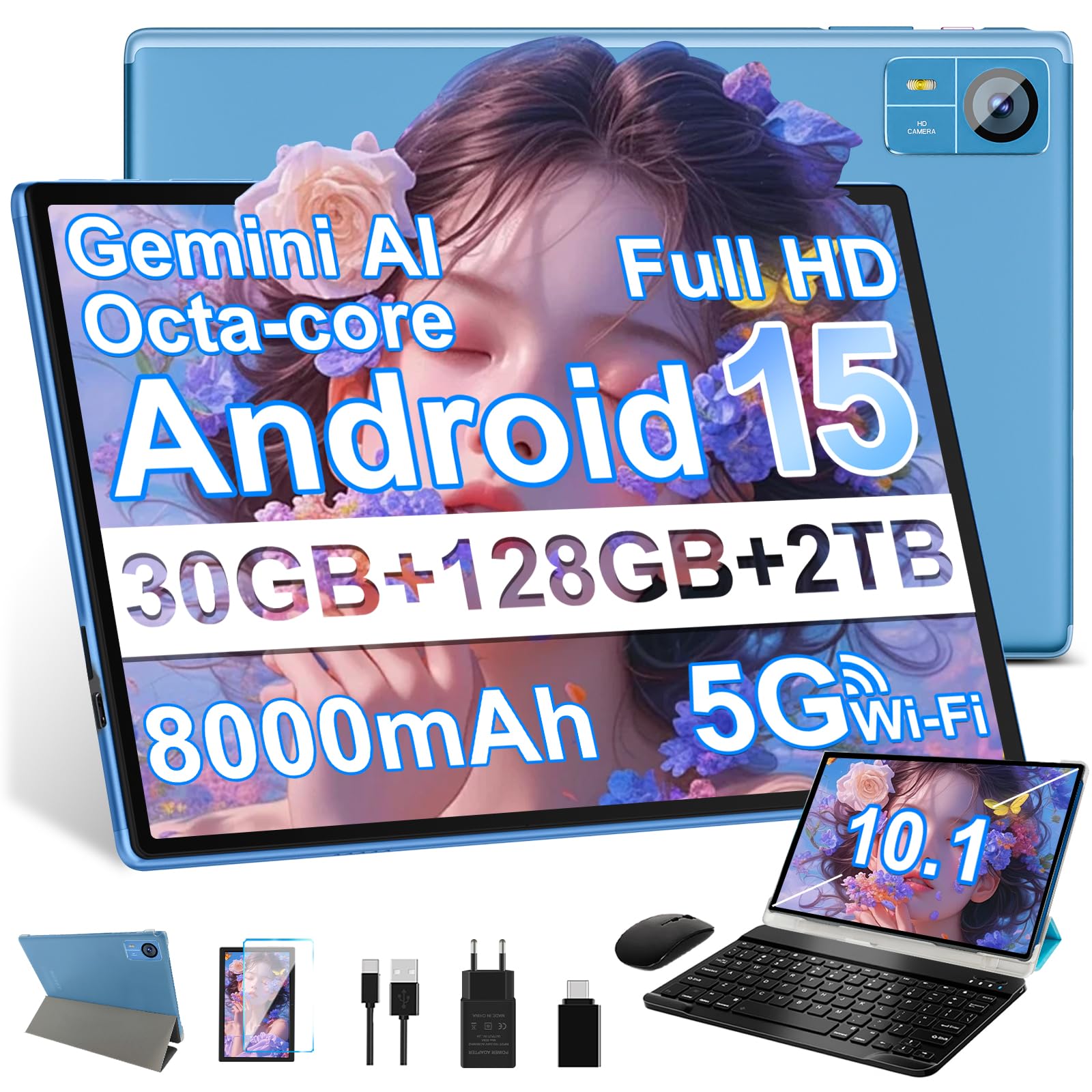 SUAAT 2026 Android 15 Tablet 10,1 Pollici, Gemini AI, Widevine L1, Octa Core, 8000mAh, 30 GB RAM + 128 GB ROM + 2 TB, 8 MP + 5 MP, Bluetooth 5.0, Tablet PC Include Mouse, Tastiera e Custodia