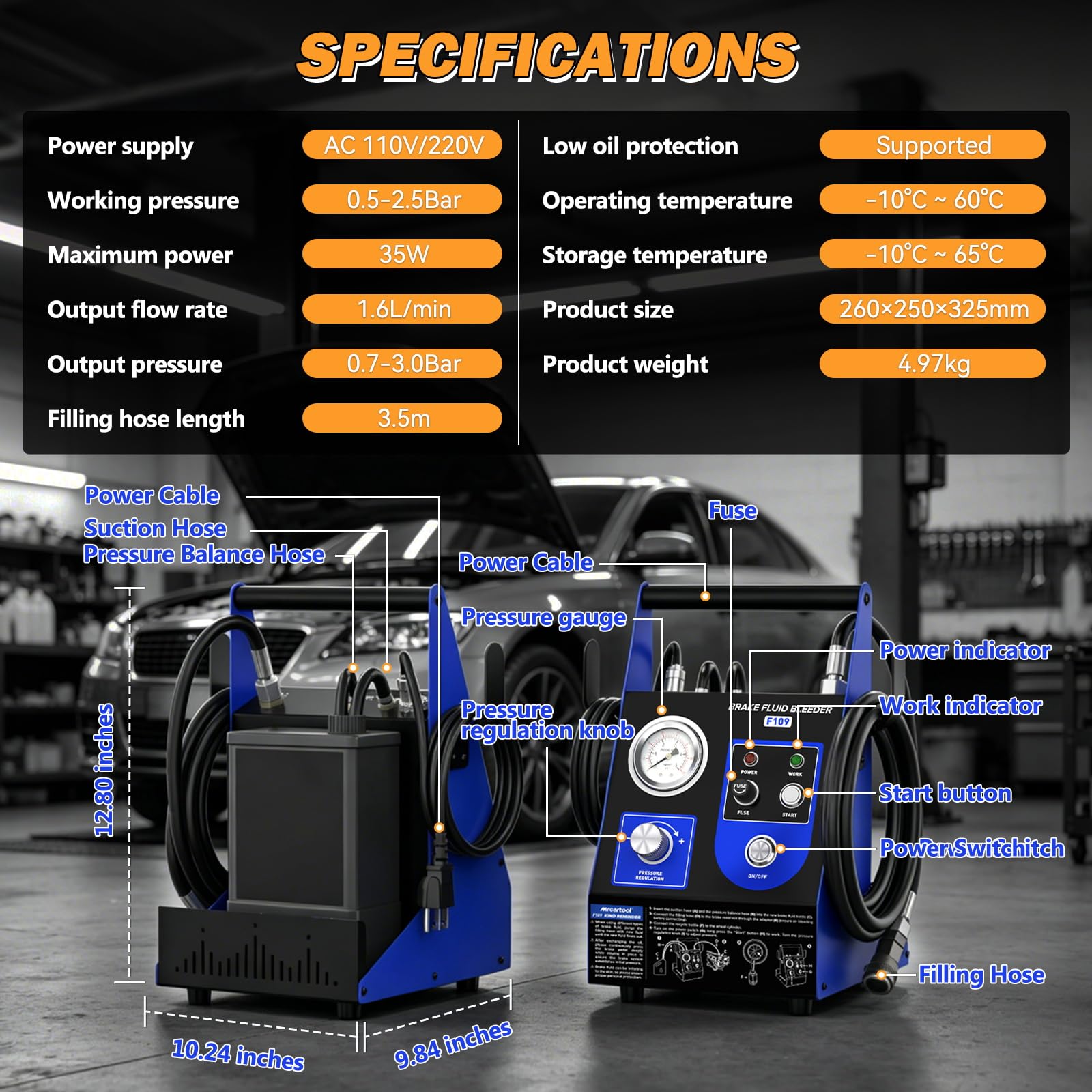 Dispositivo de cambio de líquido de frenos F109, dispositivo de purga de frenos eléctrico con 9 adaptadores para modelos de automóviles populares 0,5 – 2,5 bar, regulación de presión, manejo de una