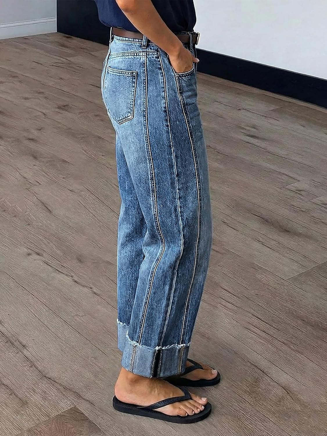 Flamingals Mid Rise Straight Leg Jeans for Women Wash Seam Front Roll Raw Hem Denim Pants Without Belt
