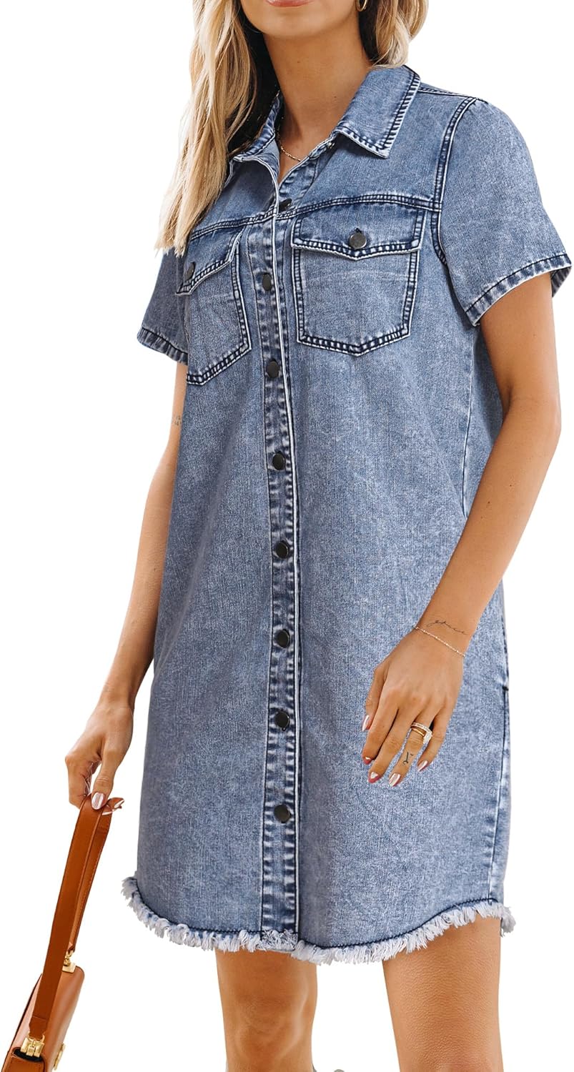luvamia Denim Dresses for Women Distressed Summer Short Sleeve Button Down Collared Raw Hem Jean Shirt Dress with Pocket