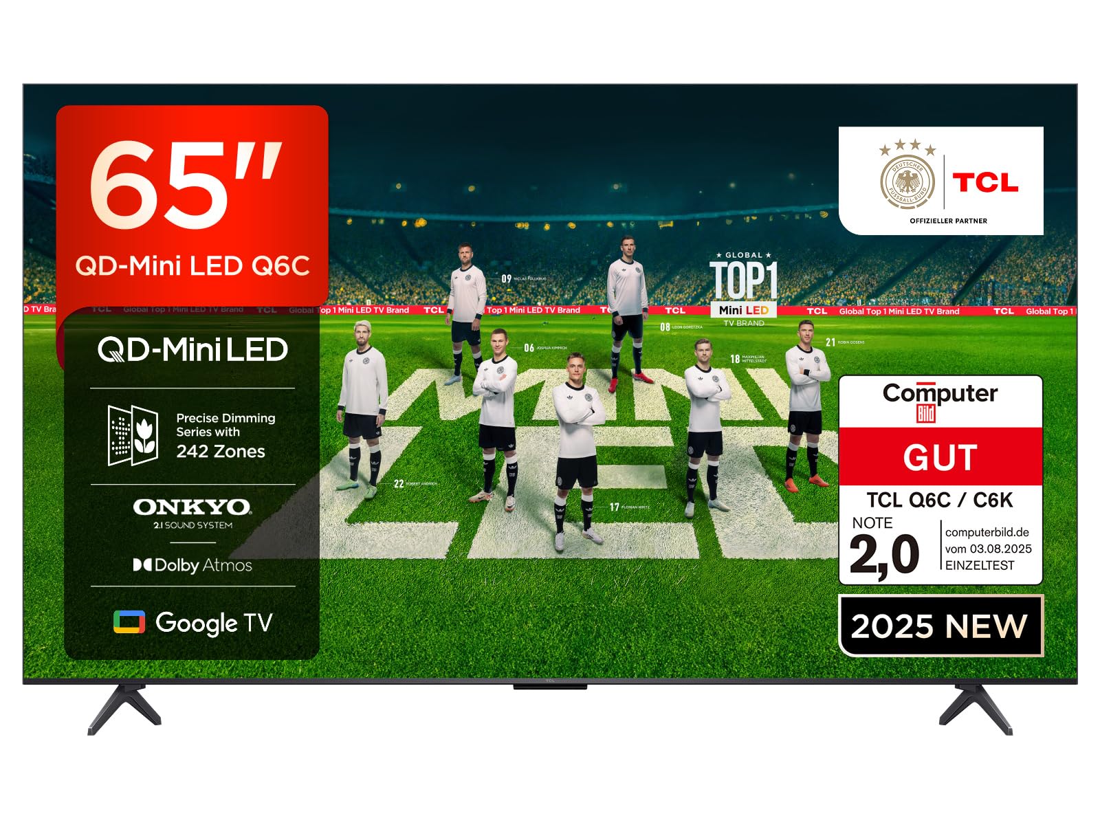 TCL 65 Zoll 65Q6C QLED Mini LED Fernseher, 4K HDR Premium, Dolby Vision IQ & Atmos, Onkyo 2.1, Smart Google TV, 144Hz Motion Clarity Pro, AMD FreeSync Premium Pro, HDMI 2.1, AirPlay 2