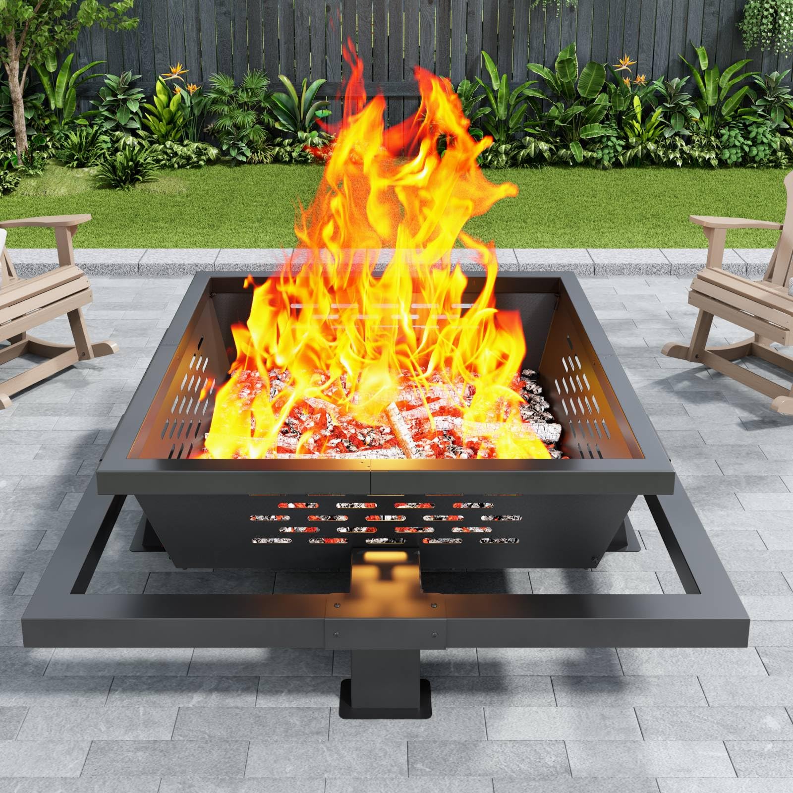Auhilence 47" Large Fire Pit, Square Outdoor Fire Pit with Poker, Wood Burning FirePit for Camping, Backyard, Patio