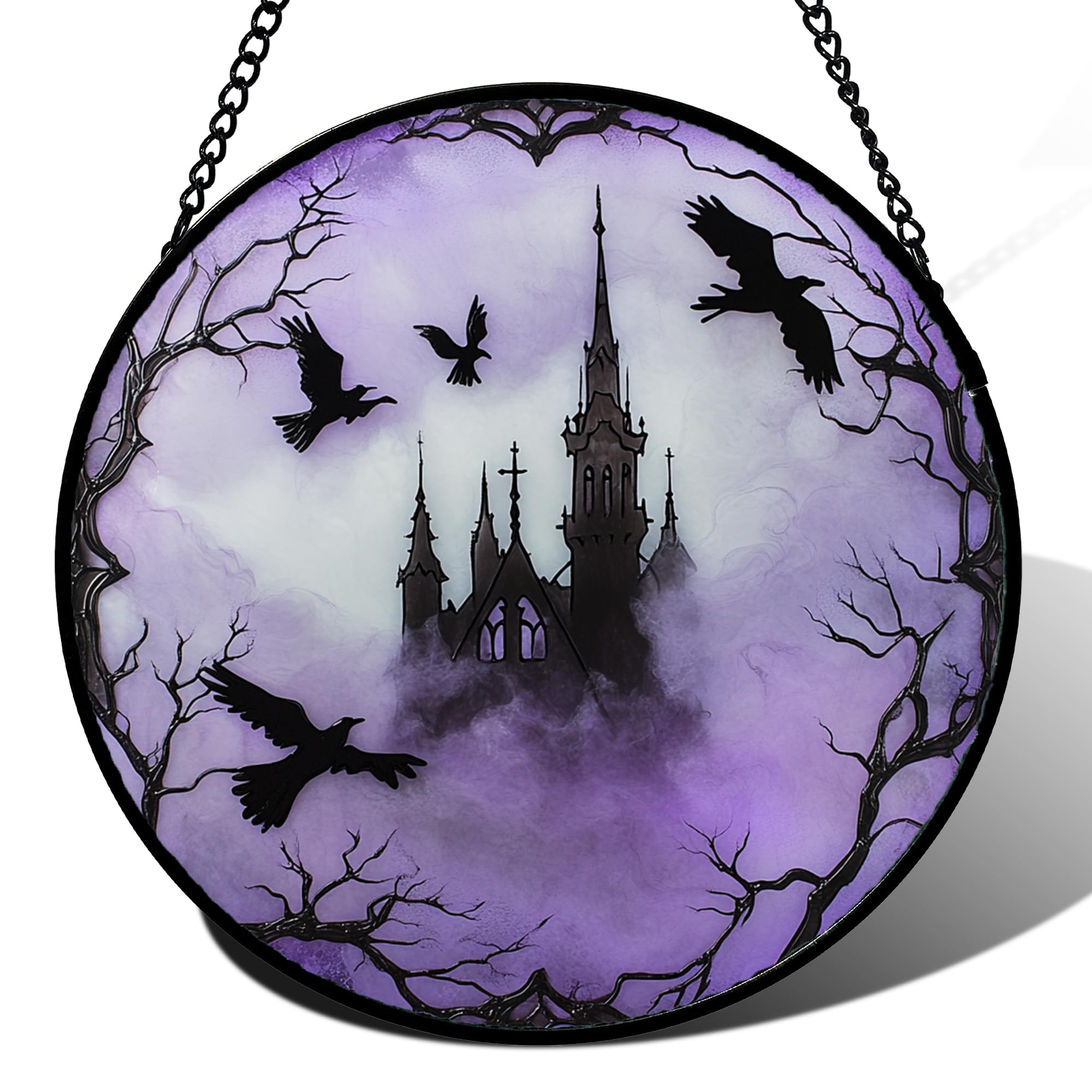 Gothic Castle Ravens Halloween Decor Stained Glass Window Hanging Gift 6.3"