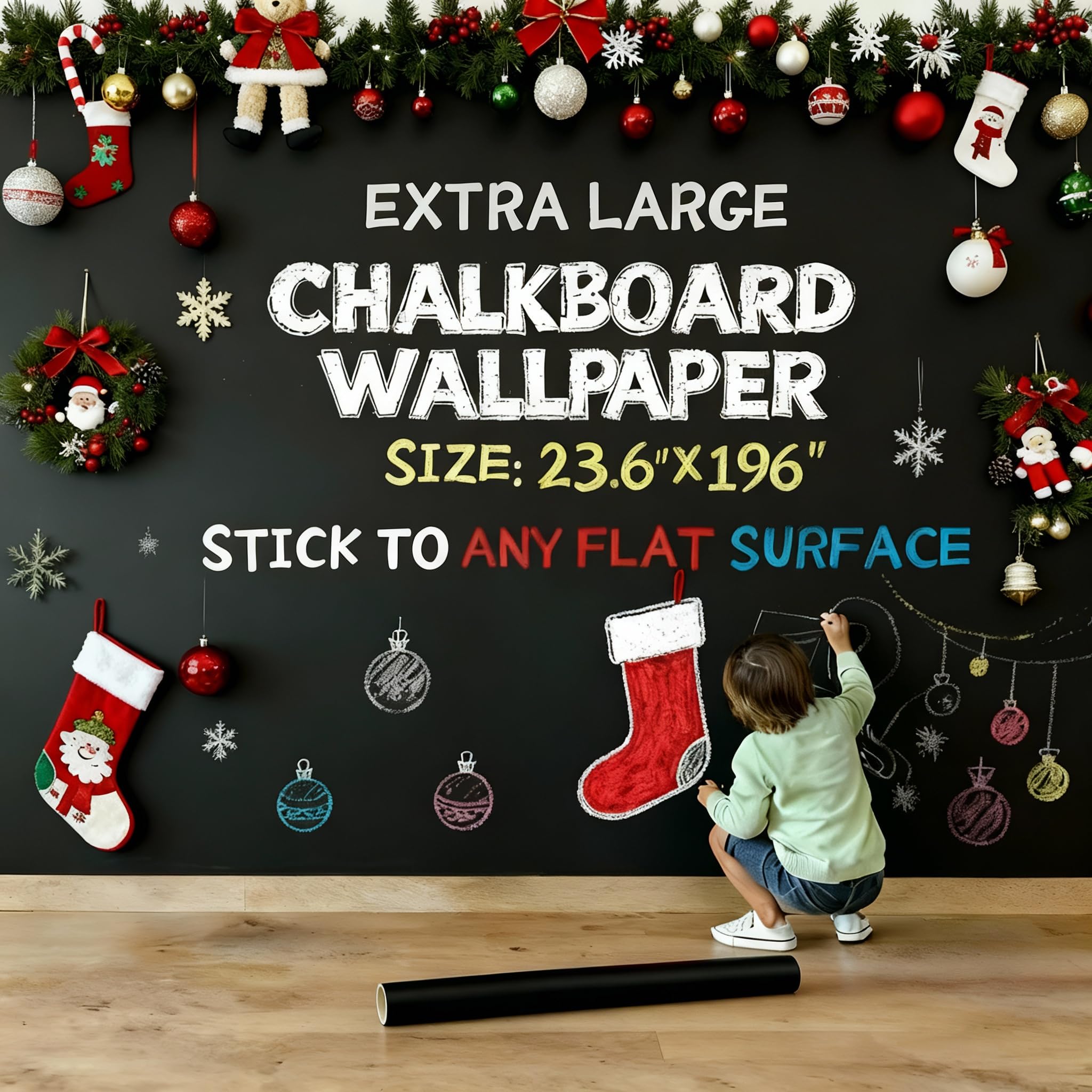 Oxdigi Chalkboard Wallpaper Peel and Stick 23.6x 196in, Extra Large Blackboard for Wall, Chalk Board for Kids Room, Easy Self Adhesive Chalkboard