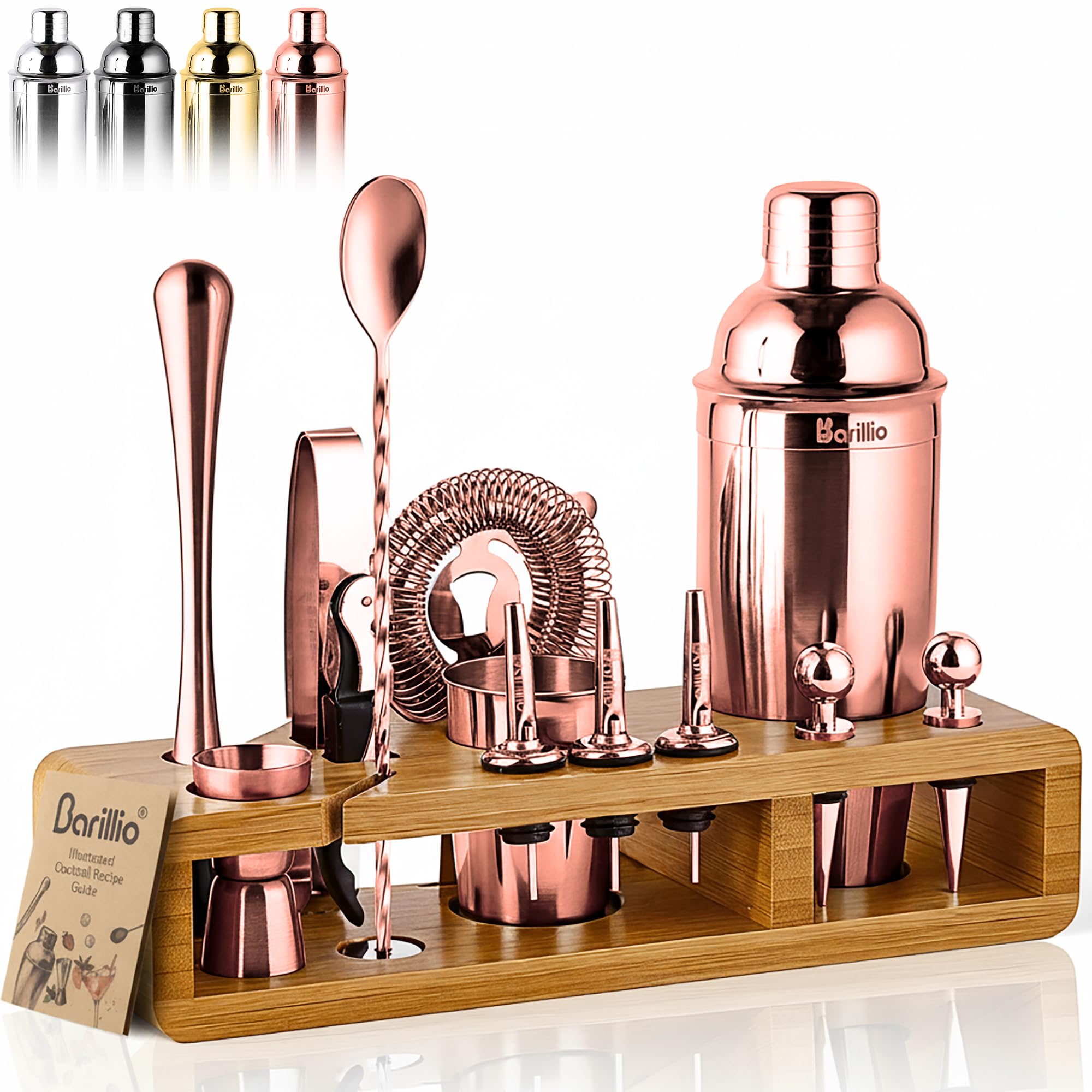 barillio Copper 23-Piece Bartender Kit Cocktail Shaker Set : Stainless Steel Rose Gold Bar Tools With Sleek Bamboo Stand, Velvet Carry Bag & Recipes Booklet