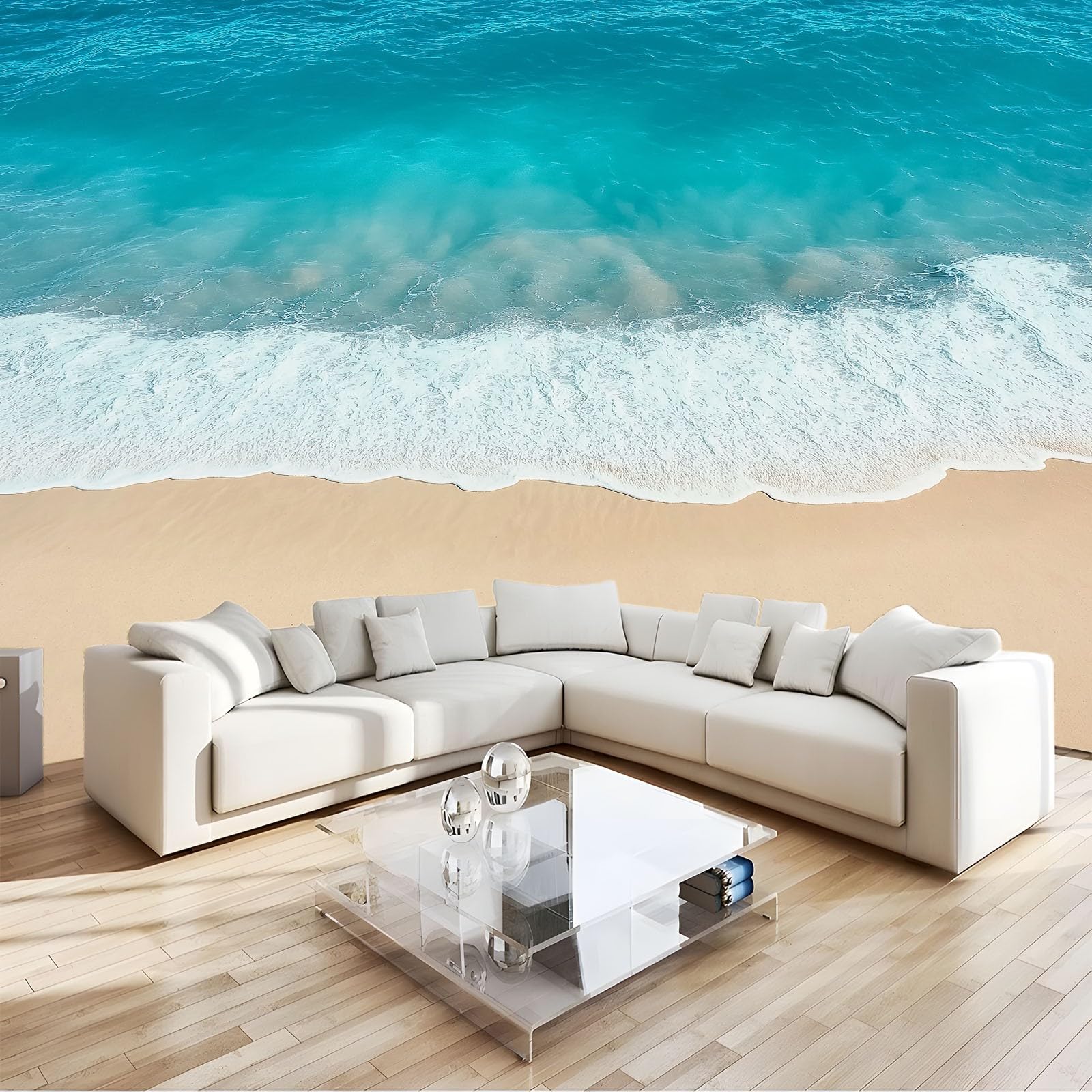 Naturalna plaża woda morze prosta tapeta panoramiczna 3D 400 x 280 cm, fototapeta z włókniny | Dekoracja Fototapeta Sypialnia Niebieska zielona dla dzieci,