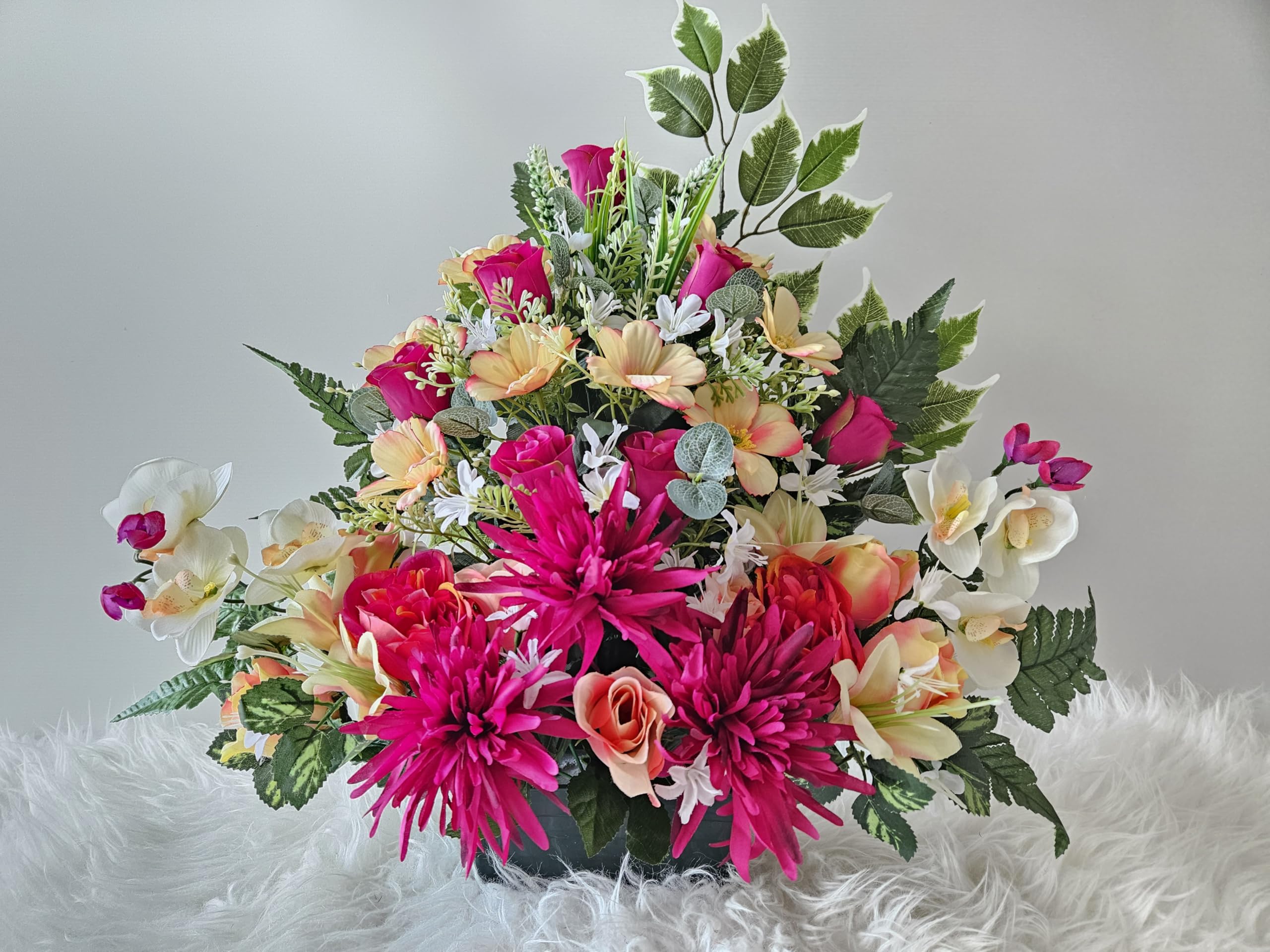 Composition Fleurs Artificielles Lestée Ciment - Diamètre 38cm, Hauteur 33cm - Pour Extérieur/déco